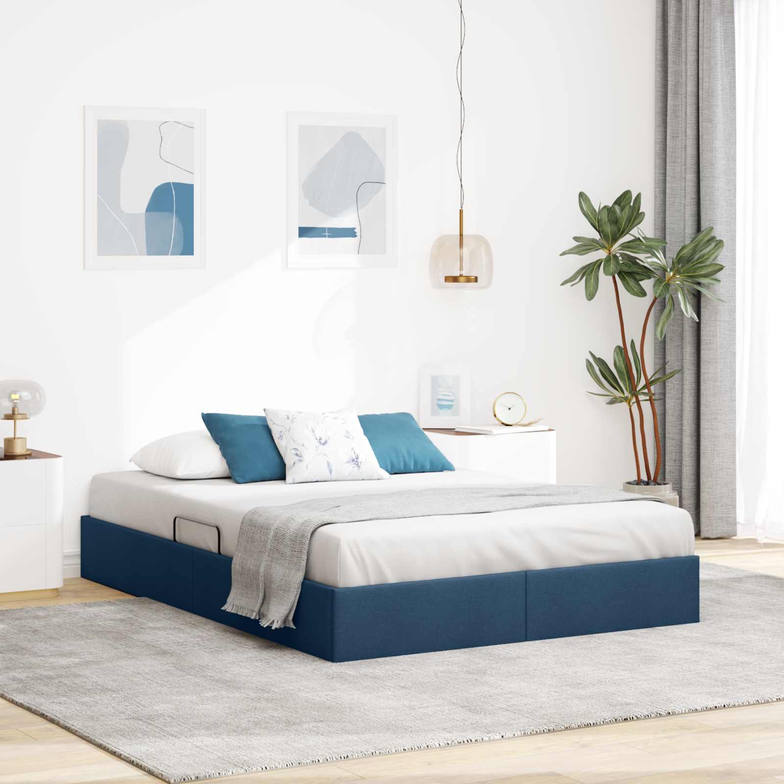 Ottoman Bettgestell mit Speicher Blau 140 x 200 cm Stoff