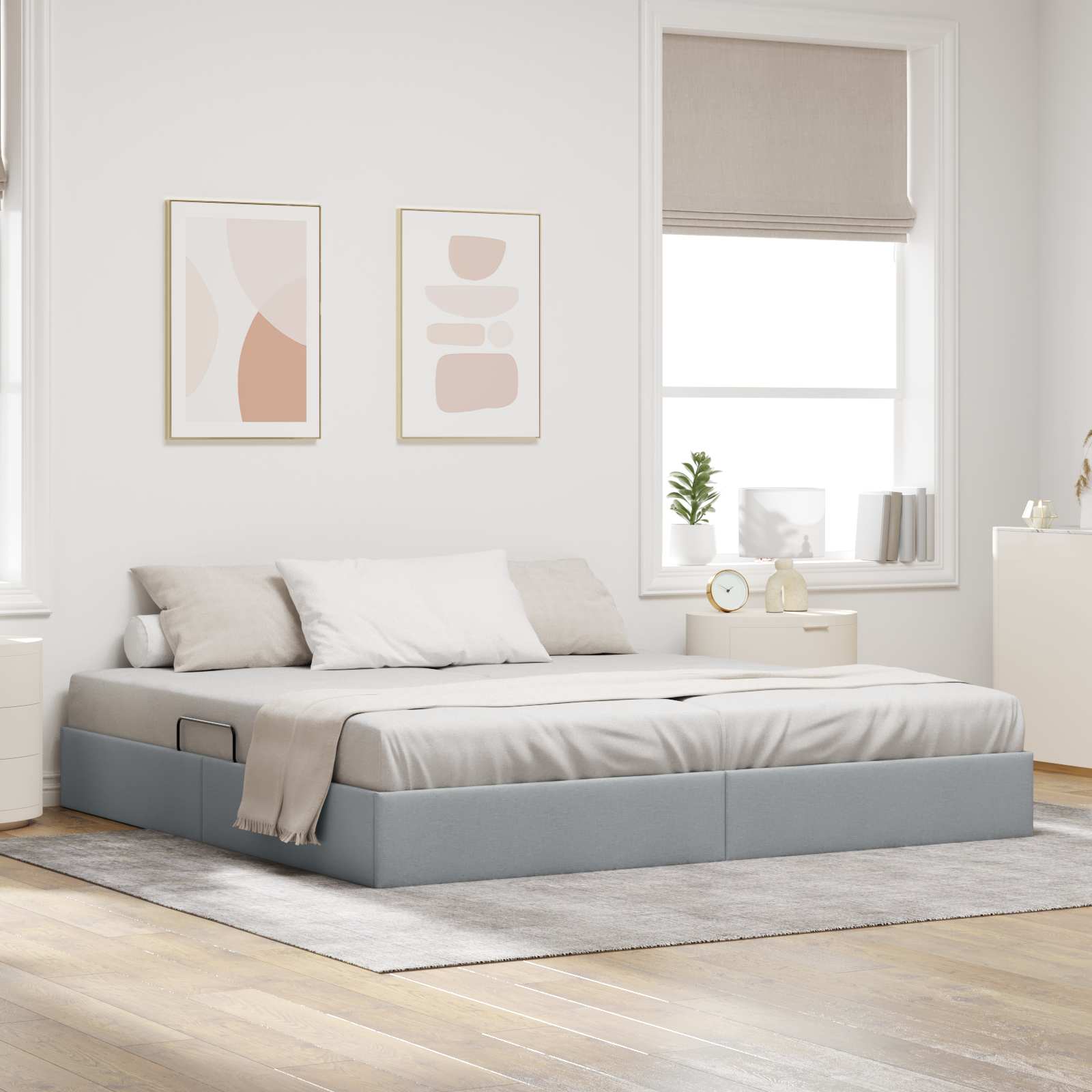 Ottoman Bettgestell mit Speicher Hellgrau 200 x 200 cm Stoff