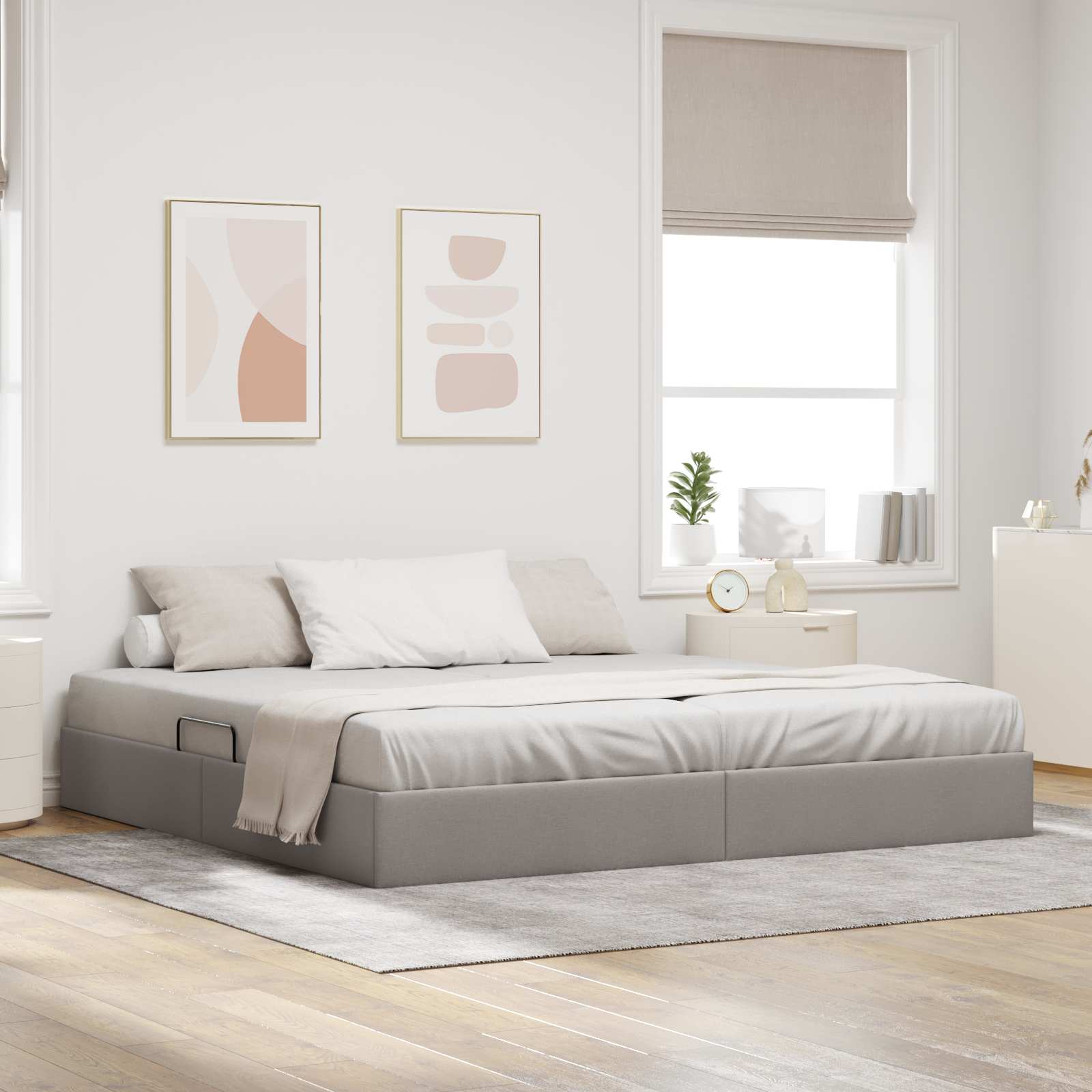 Ottoman Bettgestell mit Speicher Taupe 200 x 200 cm Stoff