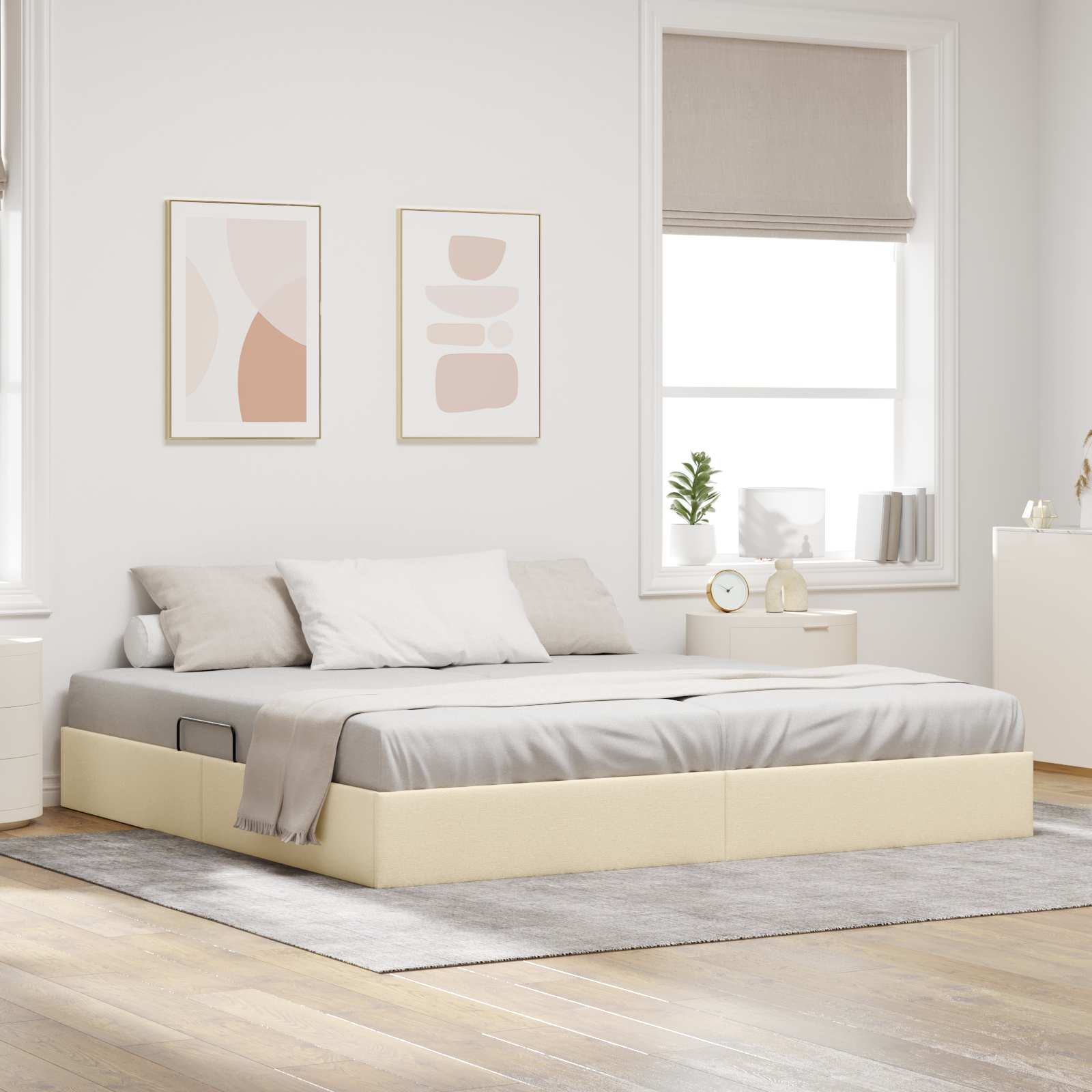 Ottoman Bettgestell mit Speicher Creme 200 x 200 cm Stoff