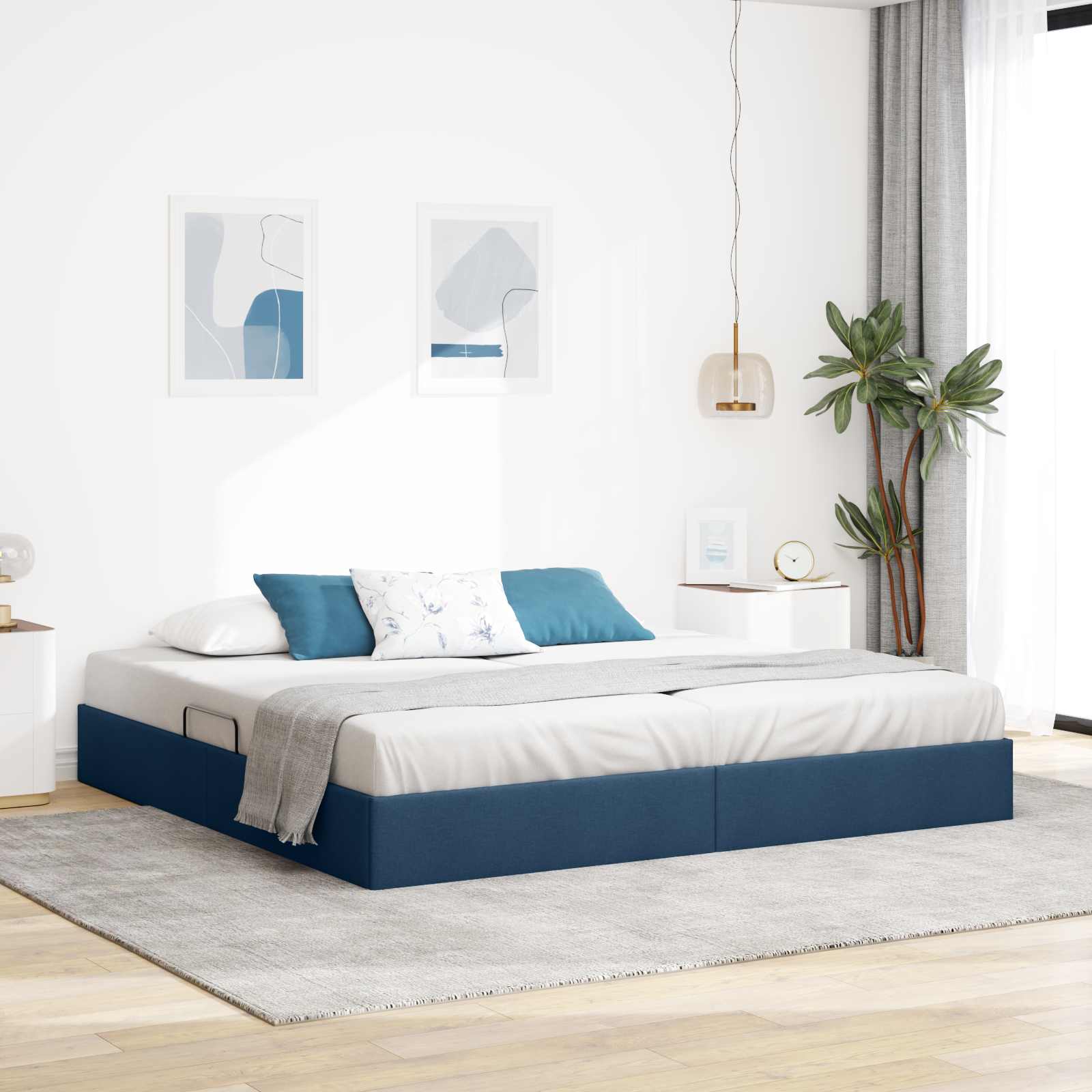 Ottoman Bettgestell mit Speicher Blau 200 x 200 cm Stoff