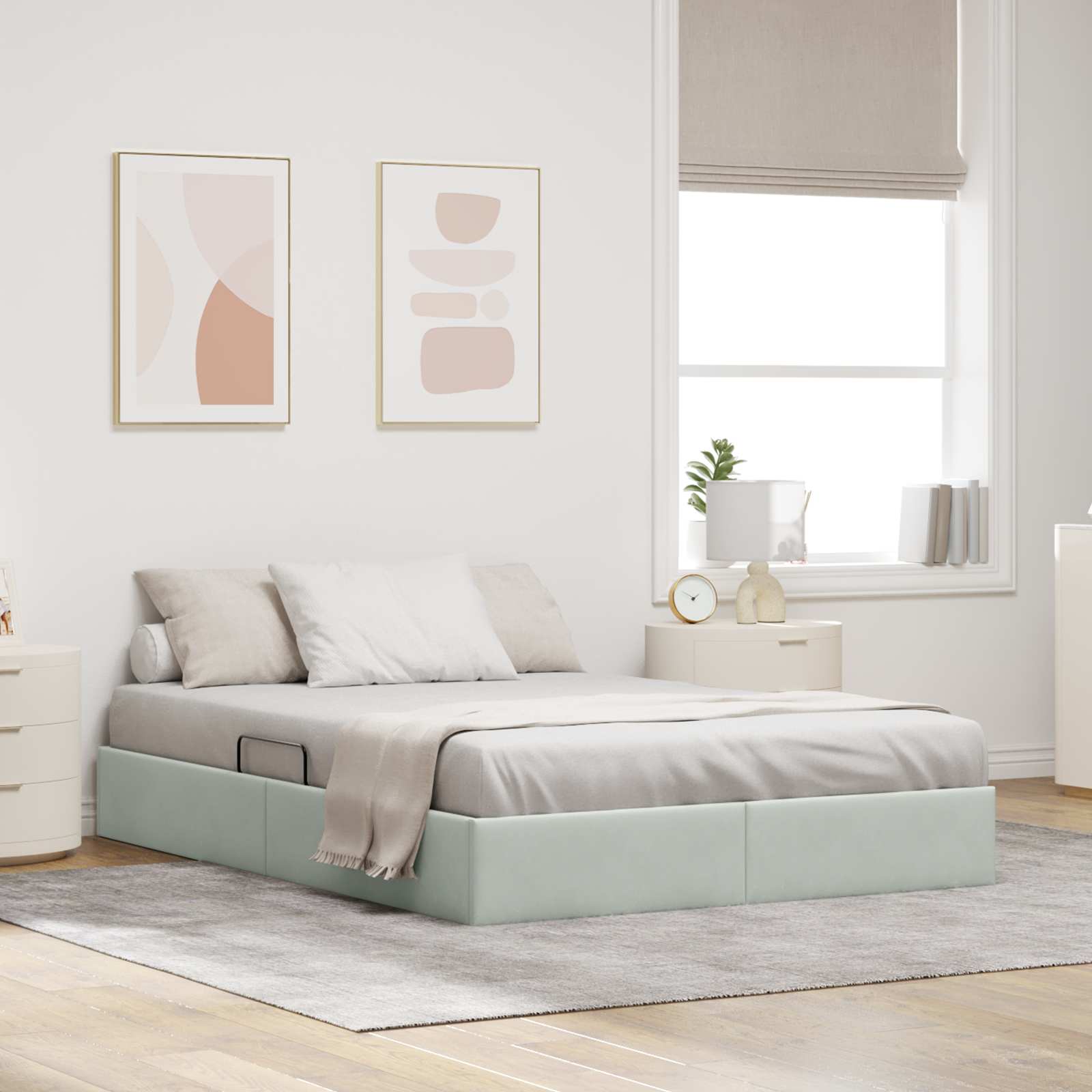 Ottoman Bettgestell mit Speicher Hellgrau 140 x 200 cm Samt