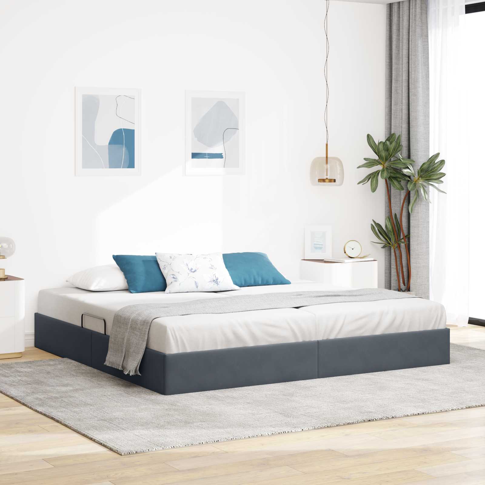 Ottoman Bettgestell mit Speicher Dunkelgrau 200 x 200 cm Samt