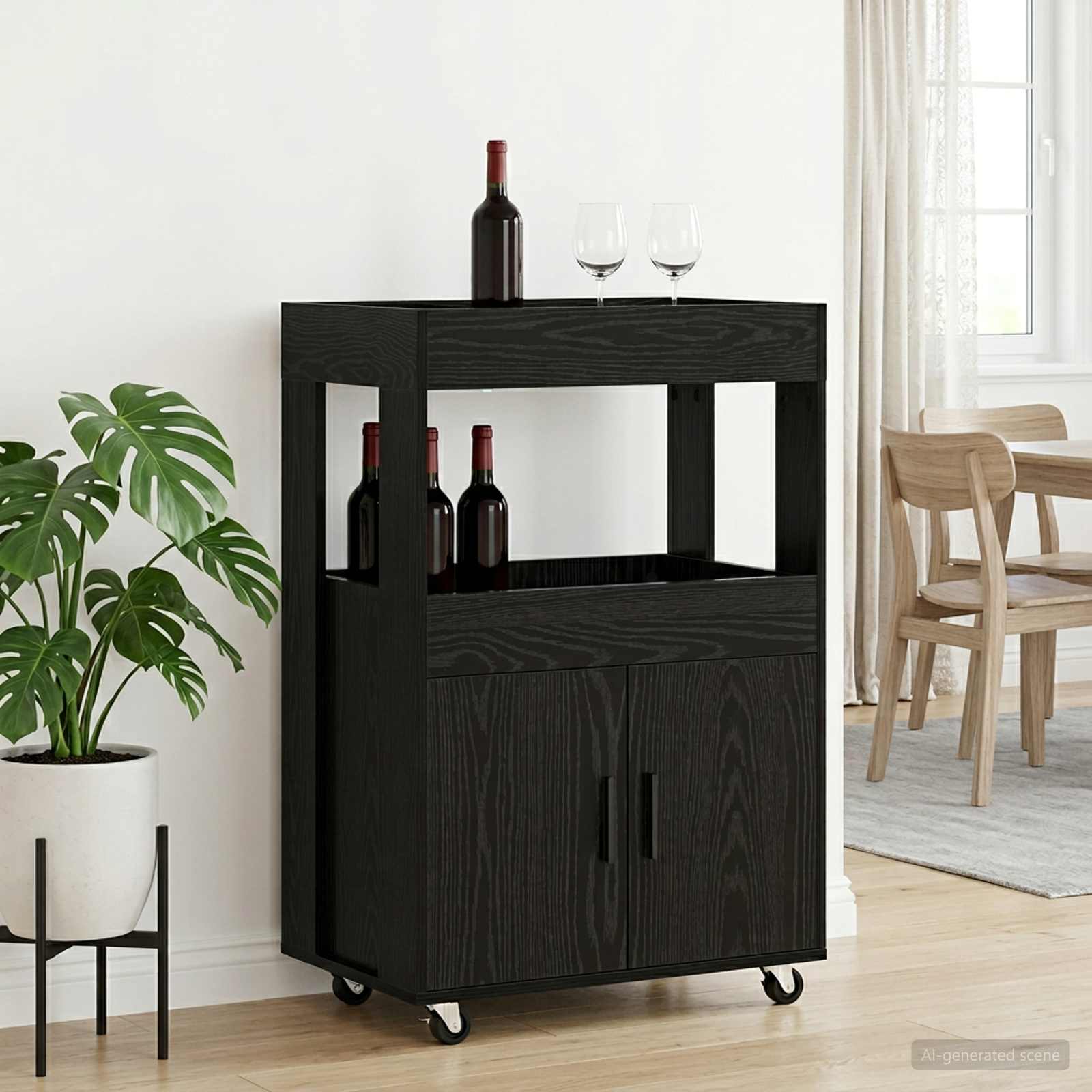 Barwagen Schwarz Eichen-Optik 60 x 39,5 x 89 cm Holzwerkstoff