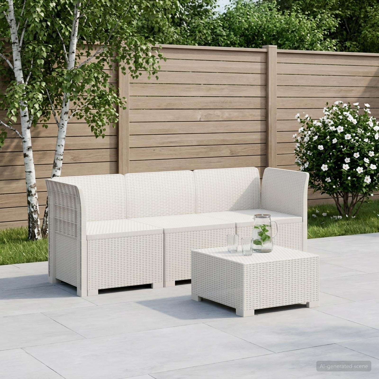 3-Sitzer Garten Sofa Rattan Look PP Weiß
