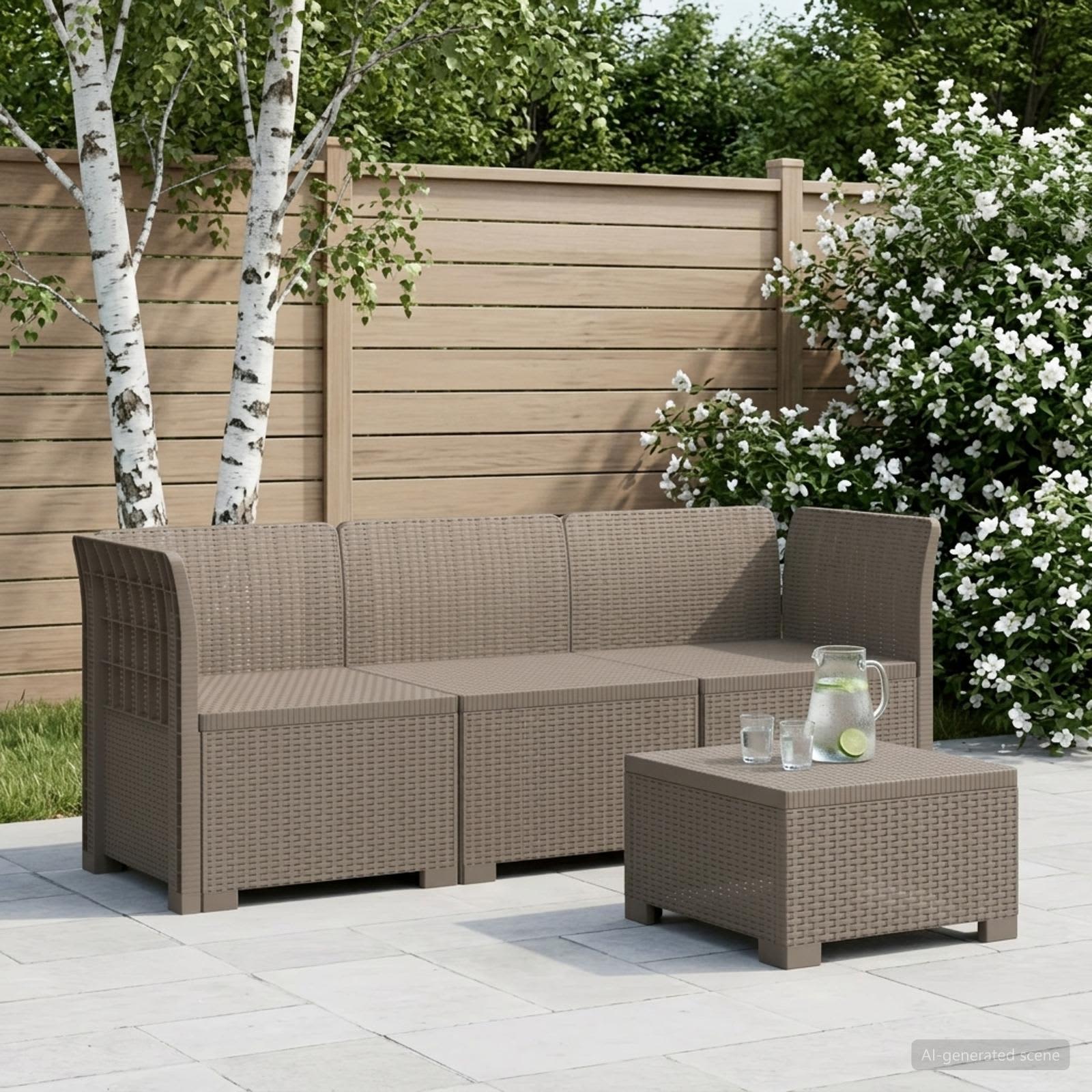 3-Sitzer Garten Sofa Rattan Look PP Hellgrau