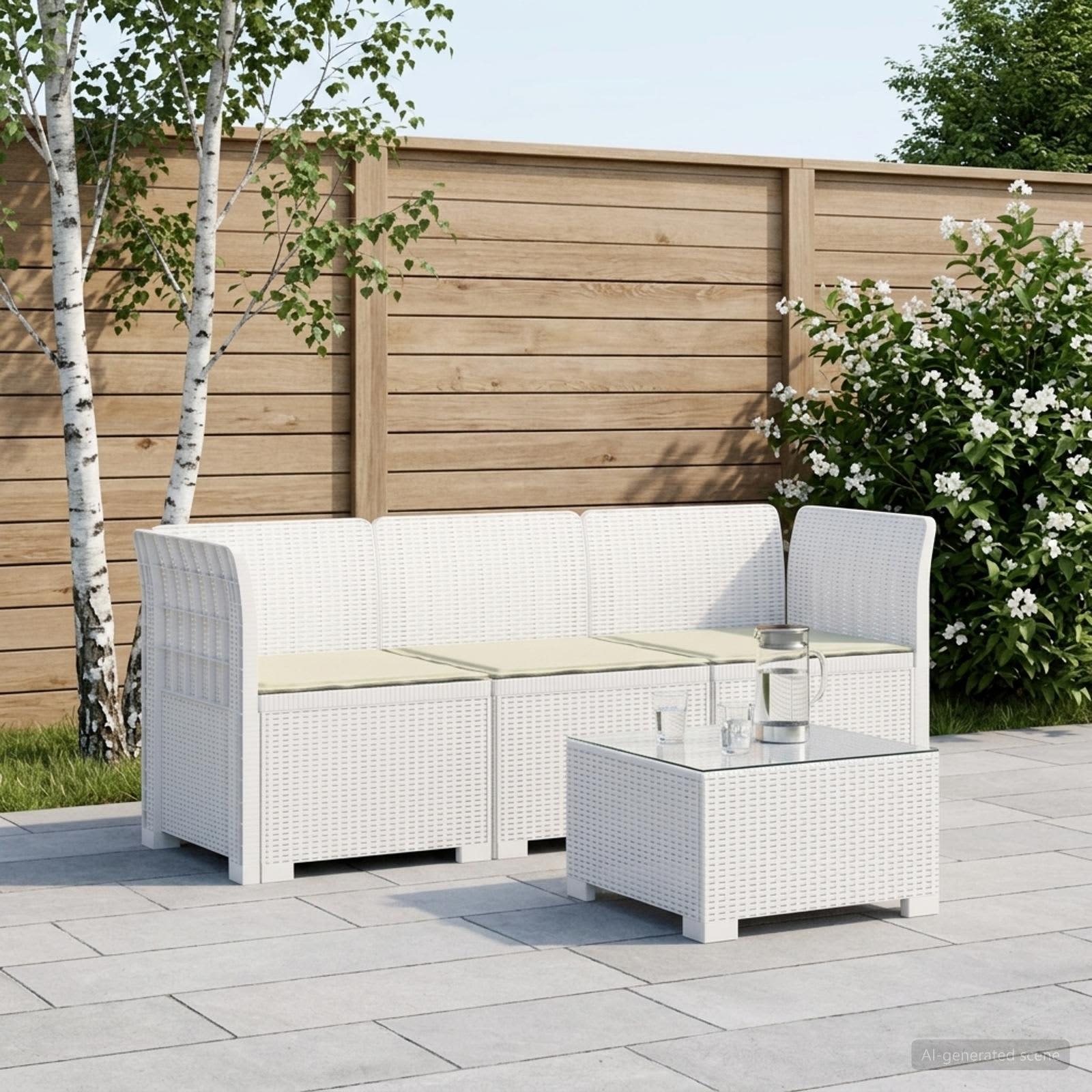 3-Sitzer Garten Sofa mit Kissen Rattan-Look PP Weiß