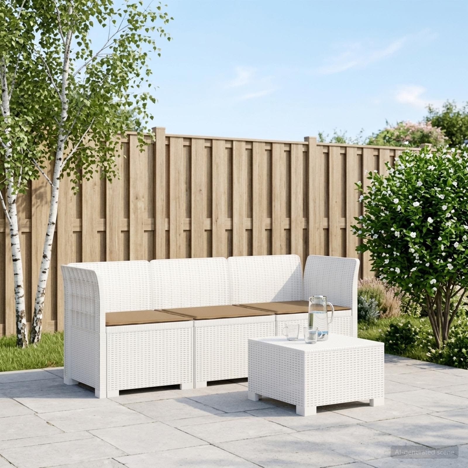3-Sitzer Garten Sofa mit Kissen Rattan-Look PP Weiß