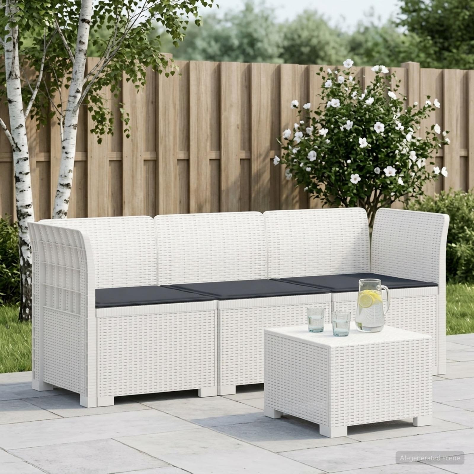 3-Sitzer Garten Sofa mit Kissen Rattan-Look PP Weiß