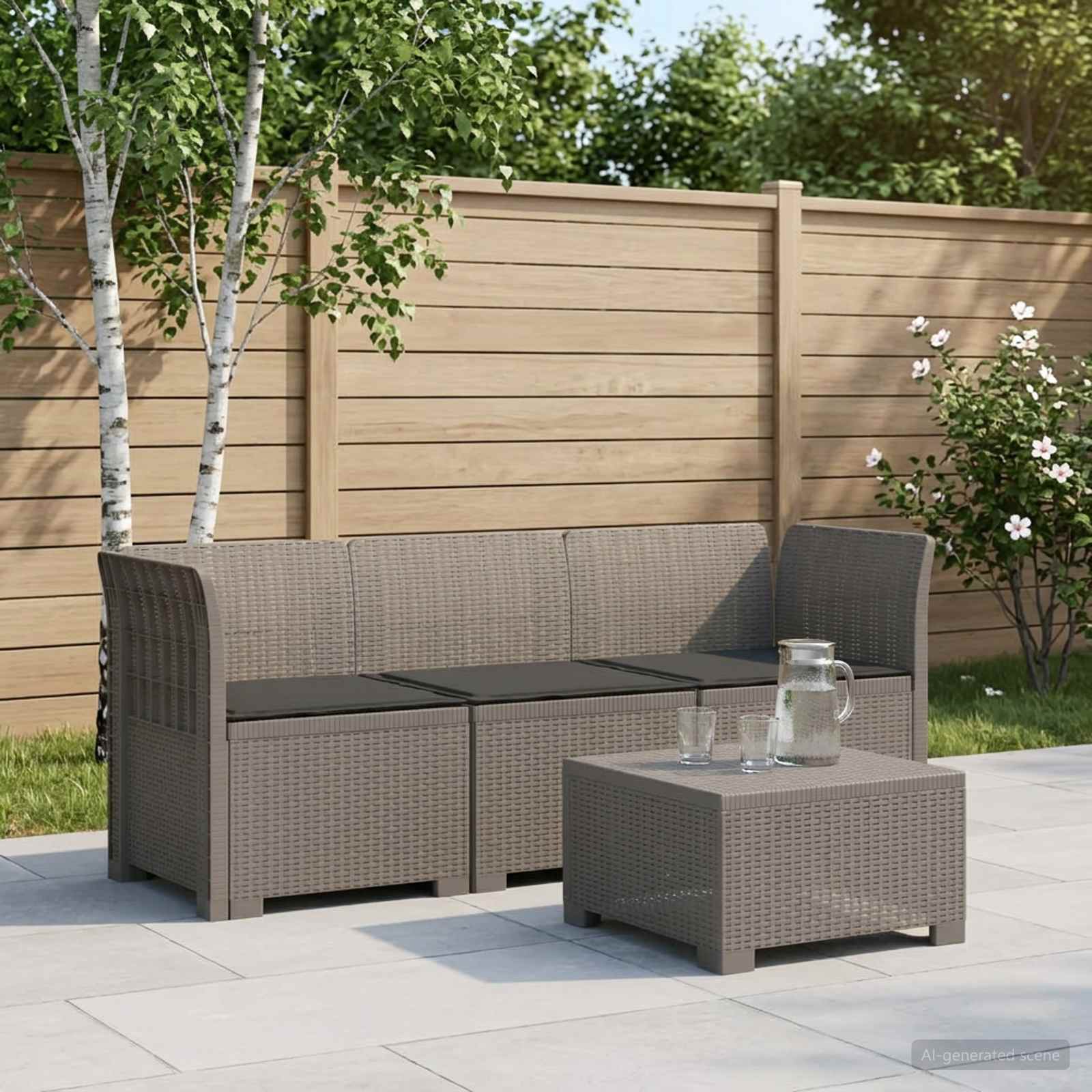 3-Sitzer Garten Sofa mit Kissen Rattan-Look PP Hellgrau