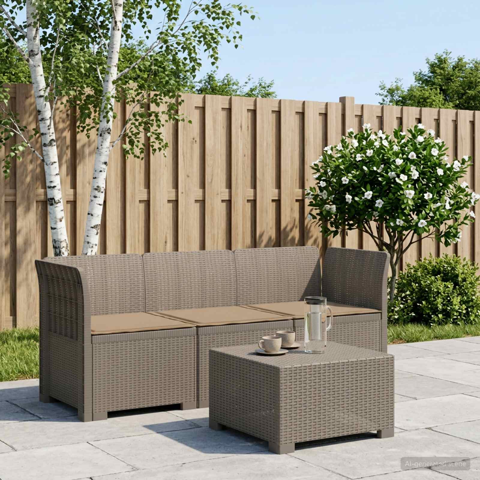 3-Sitzer Garten Sofa mit Kissen Rattan-Look PP Hellgrau