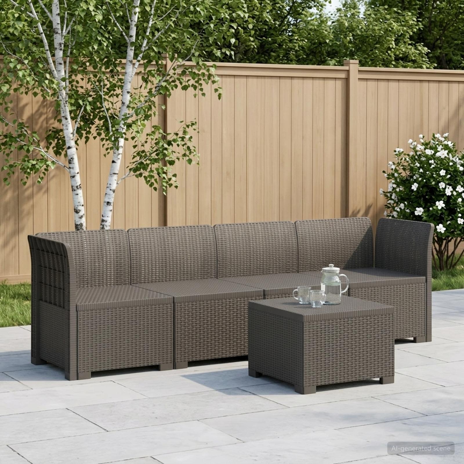 4-Sitzer Gartensofa Rattan Look PP Hellgrau