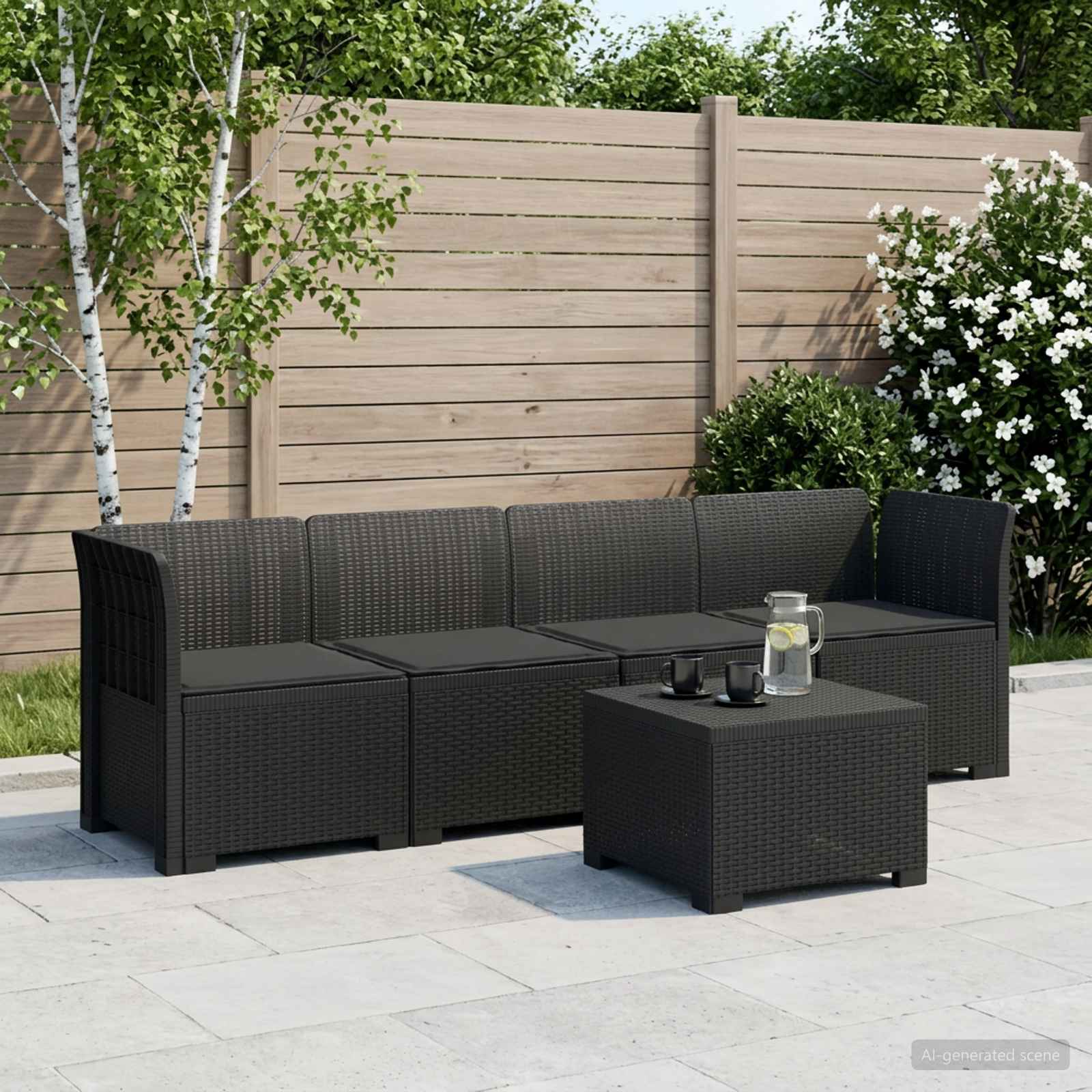 4-Sitzer Gartensofa mit Kissen Rattan Look PP Anthrazit