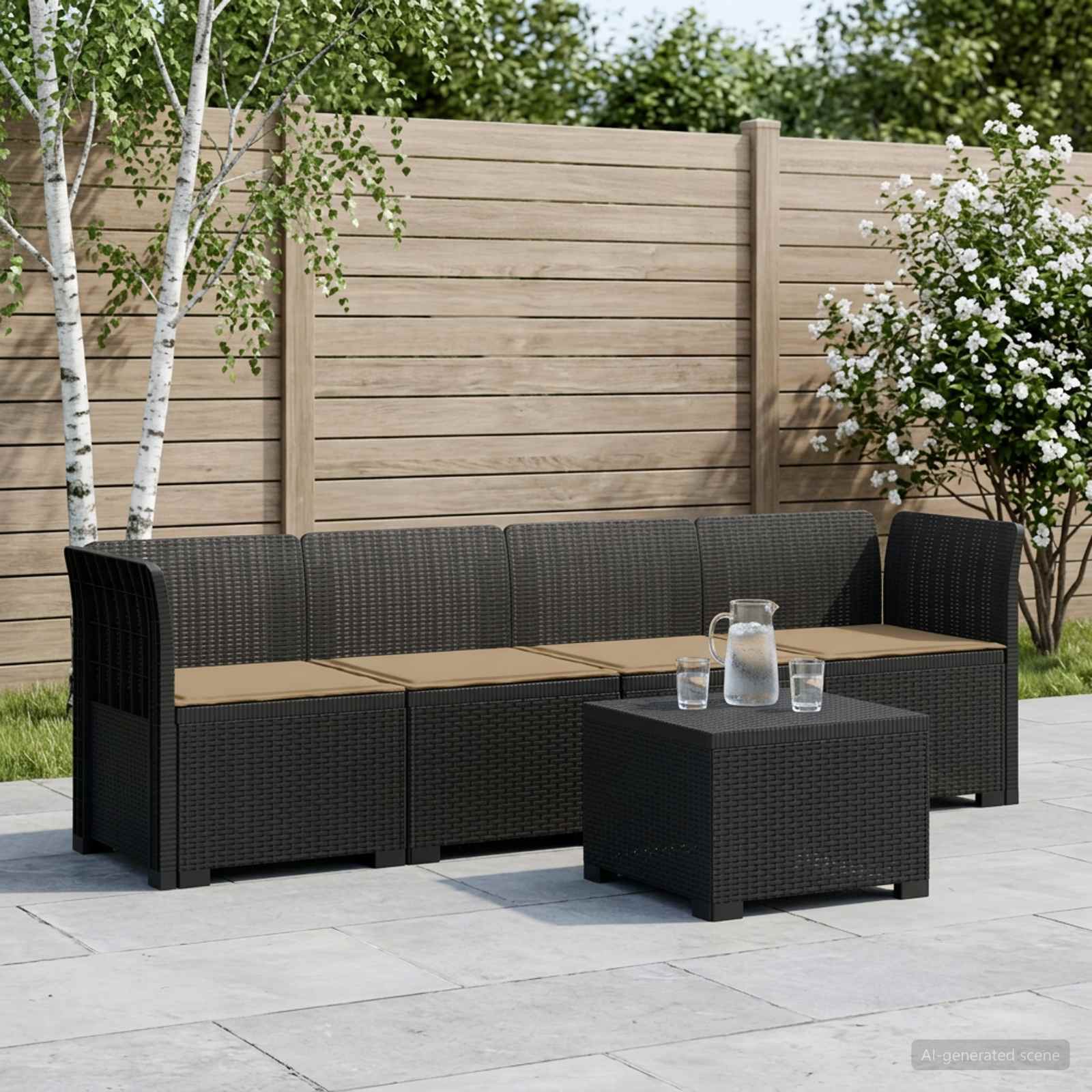 4-Sitzer Gartensofa mit Kissen Rattan Look PP Anthrazit