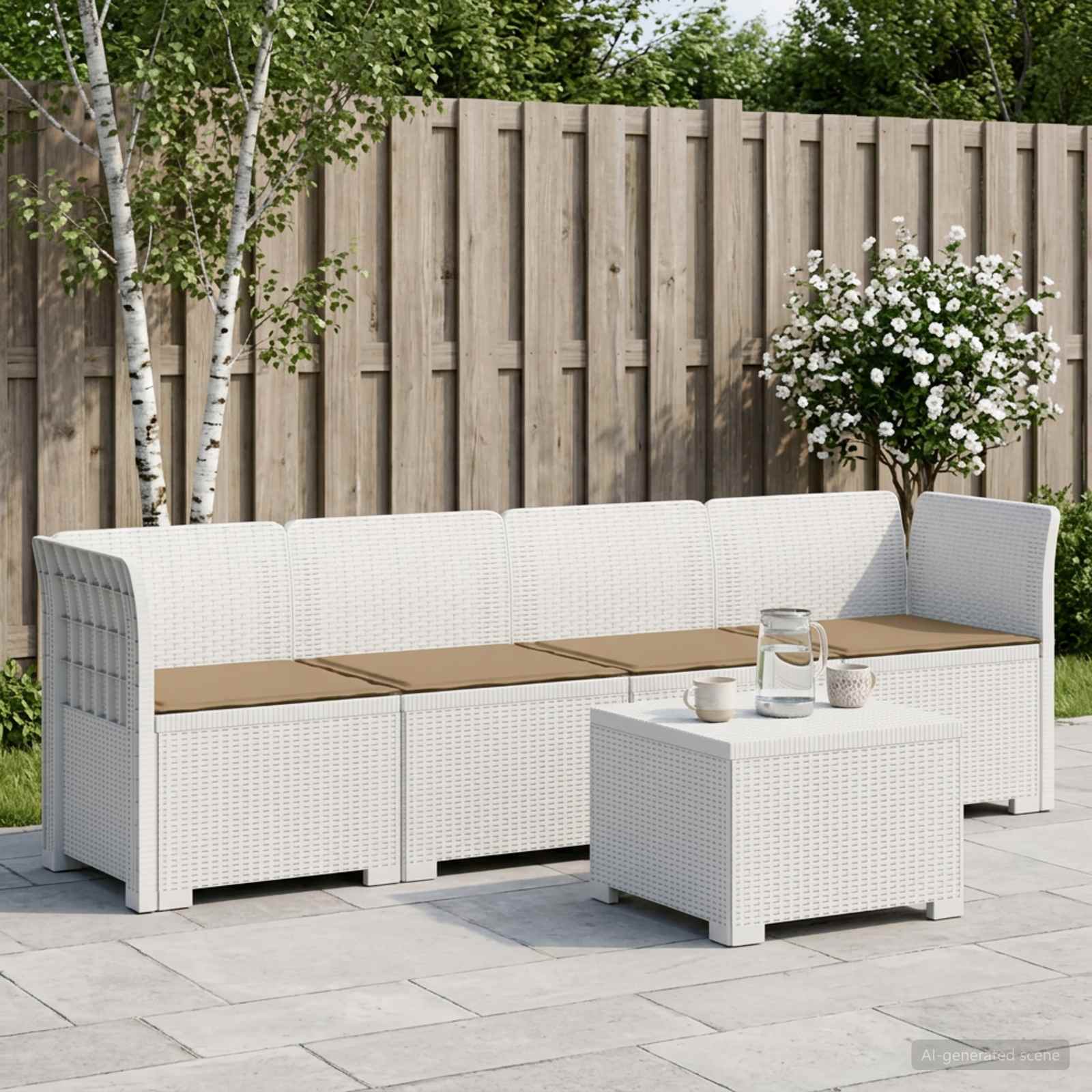 4-Sitzer Gartensofa mit Kissen Rattan Look PP Weiß