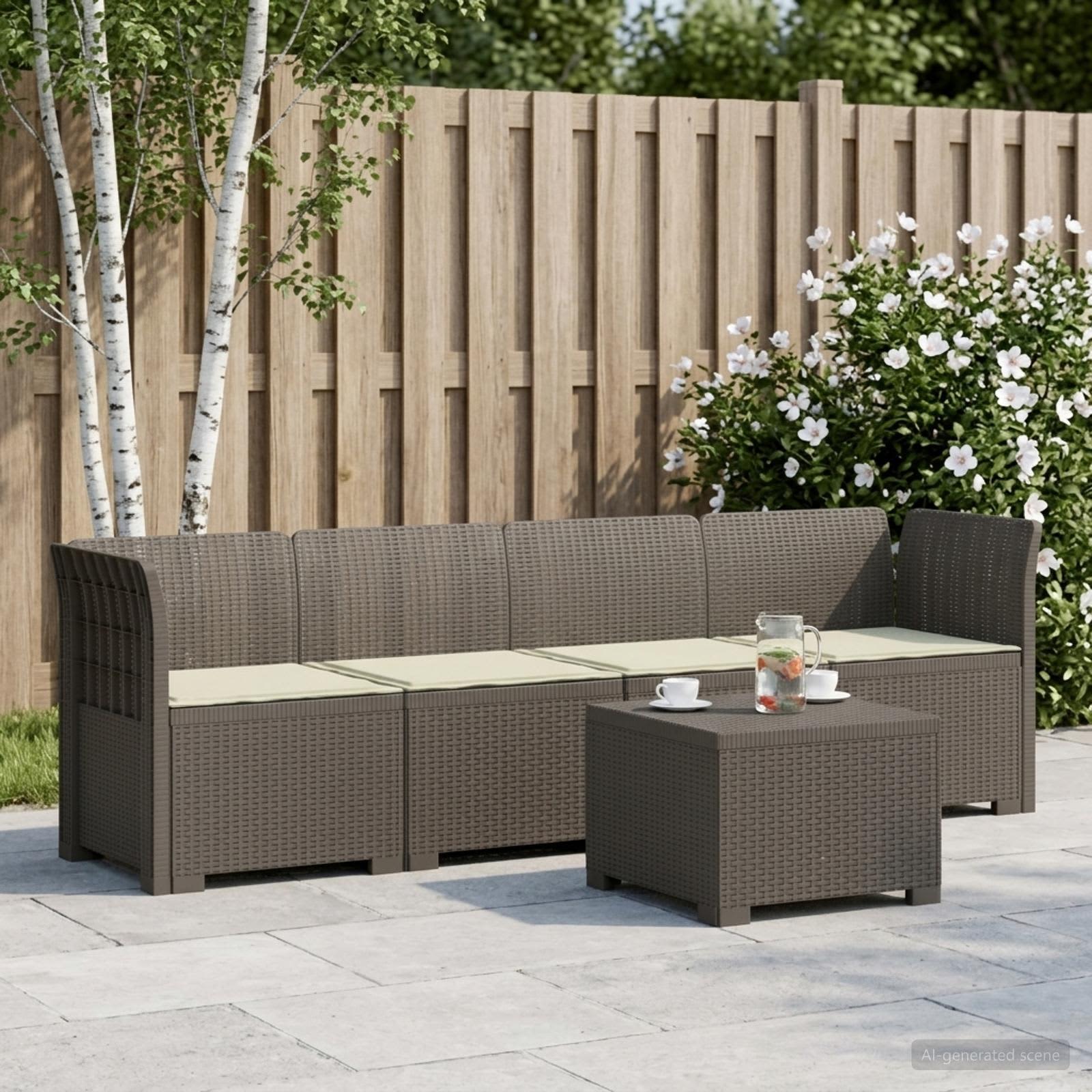 4-Sitzer Gartensofa mit Kissen Rattan Look PP Hellgrau