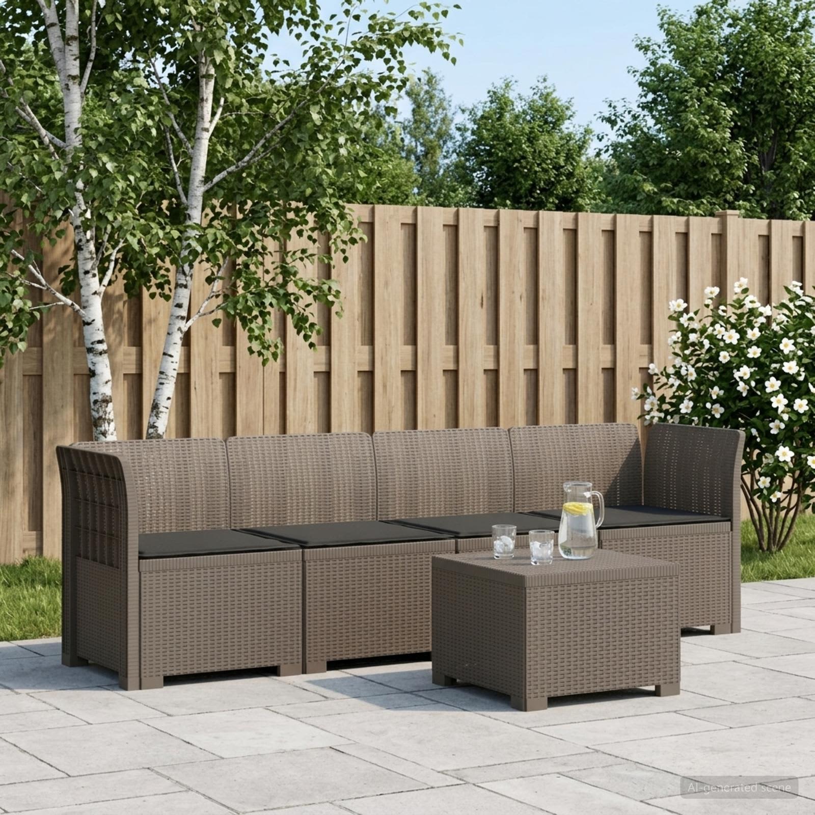 4-Sitzer Gartensofa mit Kissen Rattan Look PP Hellgrau