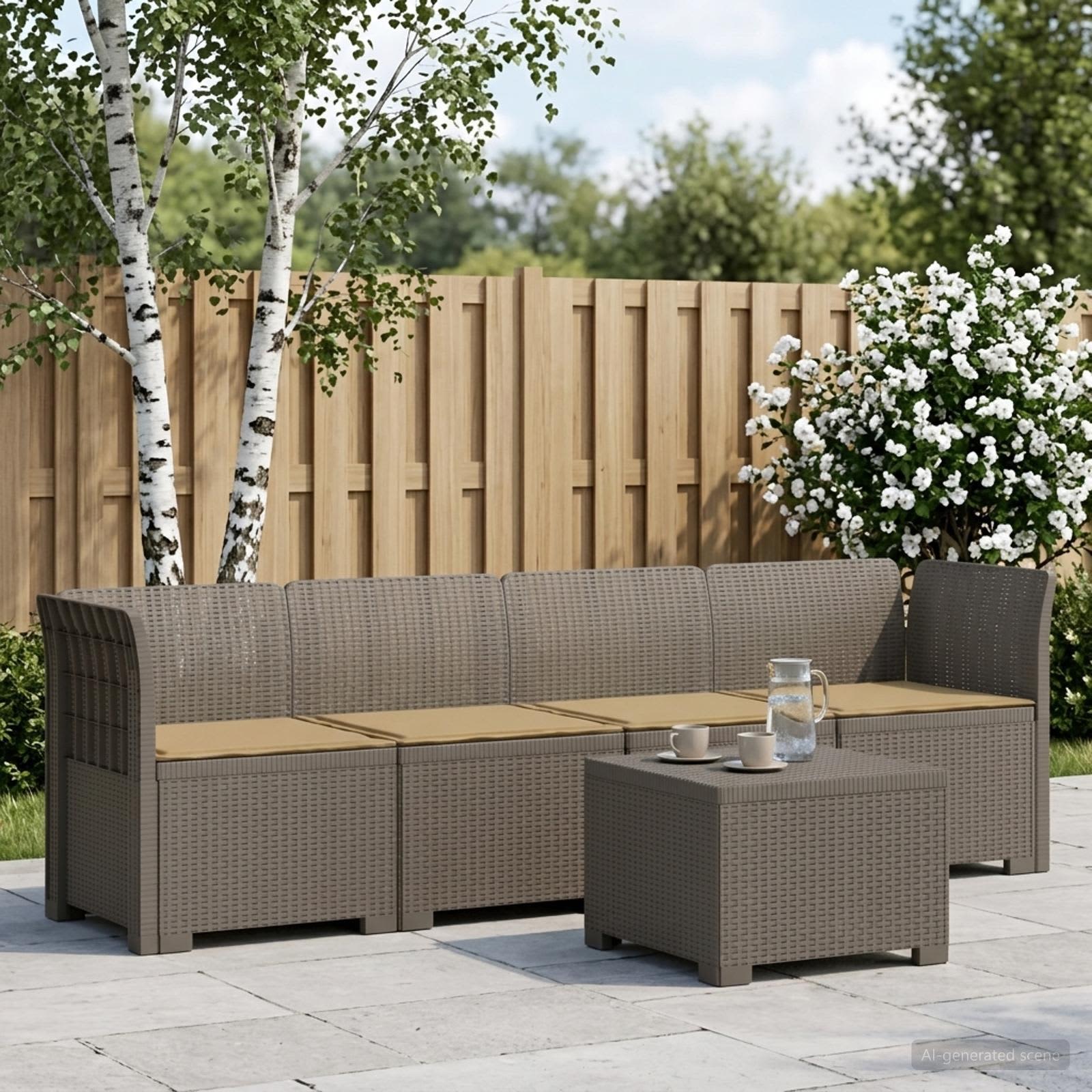 4-Sitzer Gartensofa mit Kissen Rattan Look PP Hellgrau