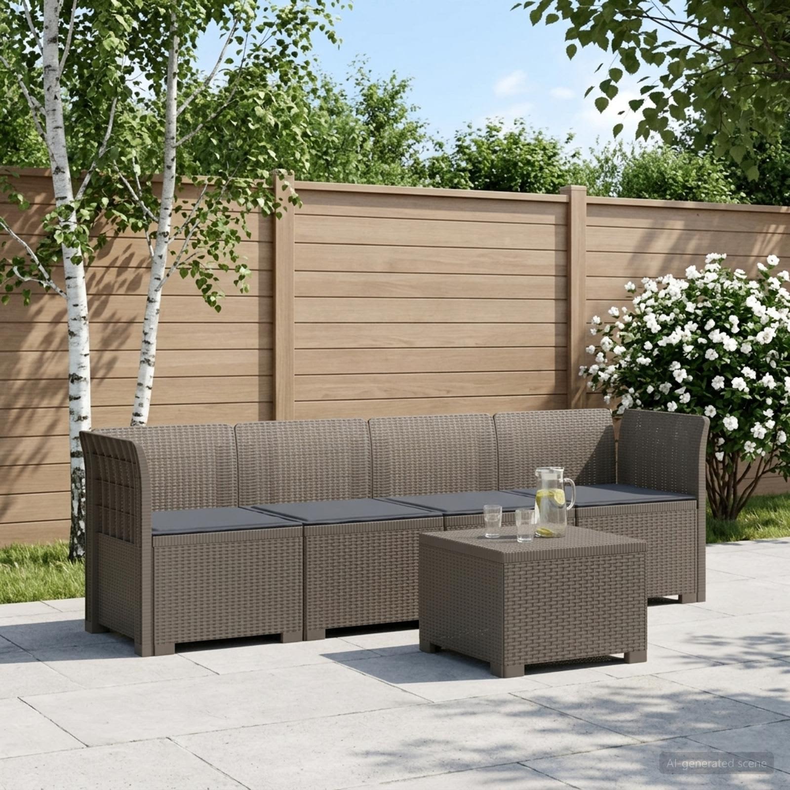 4-Sitzer Gartensofa mit Kissen Rattan Look PP Hellgrau
