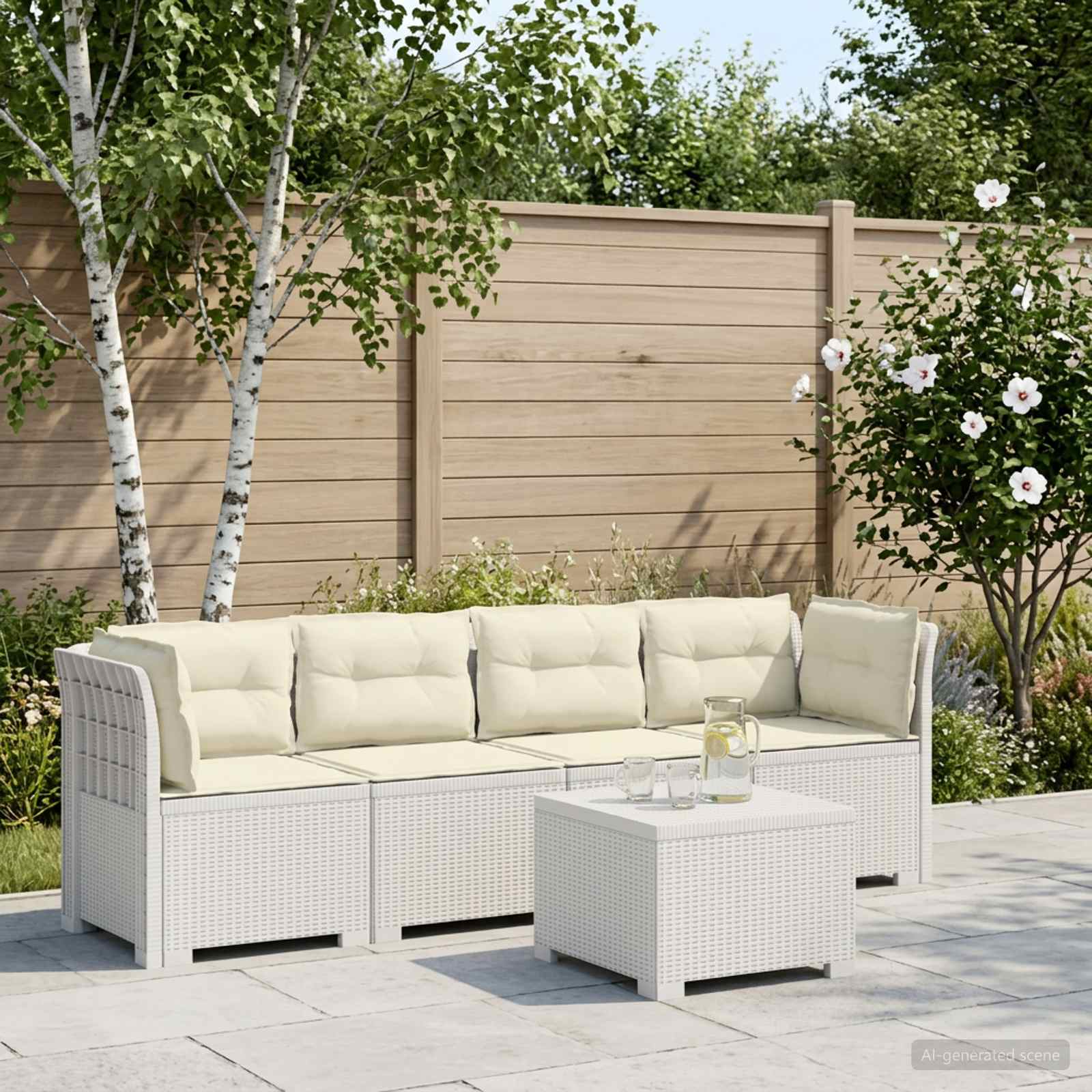 4-Sitzer Gartensofa mit Kissen Rattan Look PP Weiß