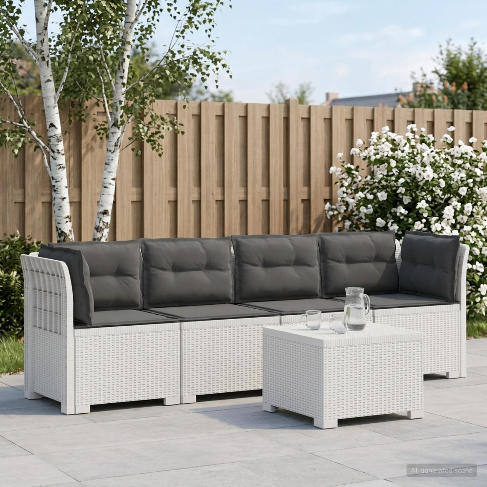 4-Sitzer Gartensofa mit Kissen Rattan Look PP Weiß