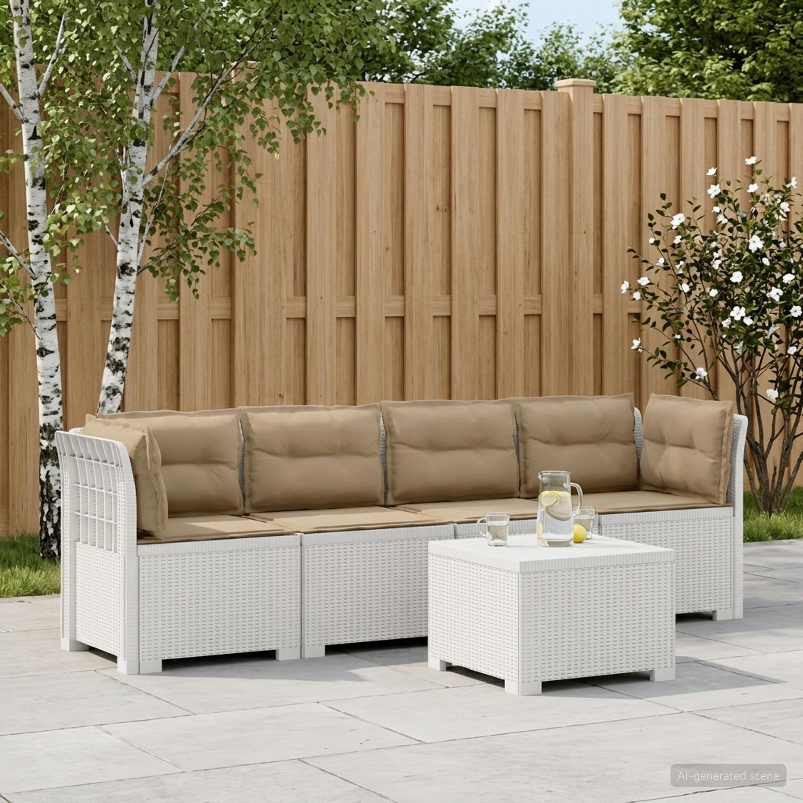 4-Sitzer Gartensofa mit Kissen Rattan Look PP Weiß
