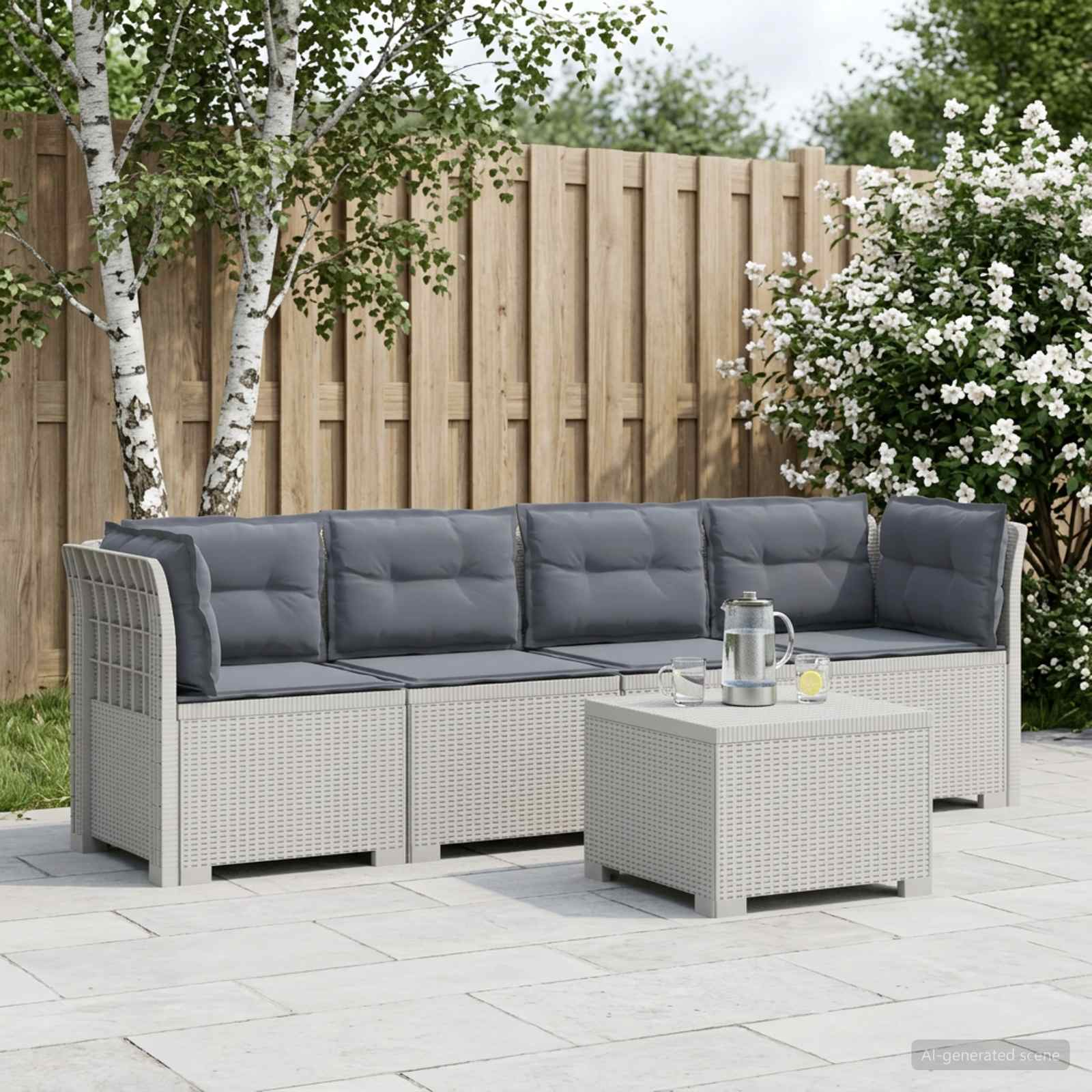 4-Sitzer Gartensofa mit Kissen Rattan Look PP Weiß