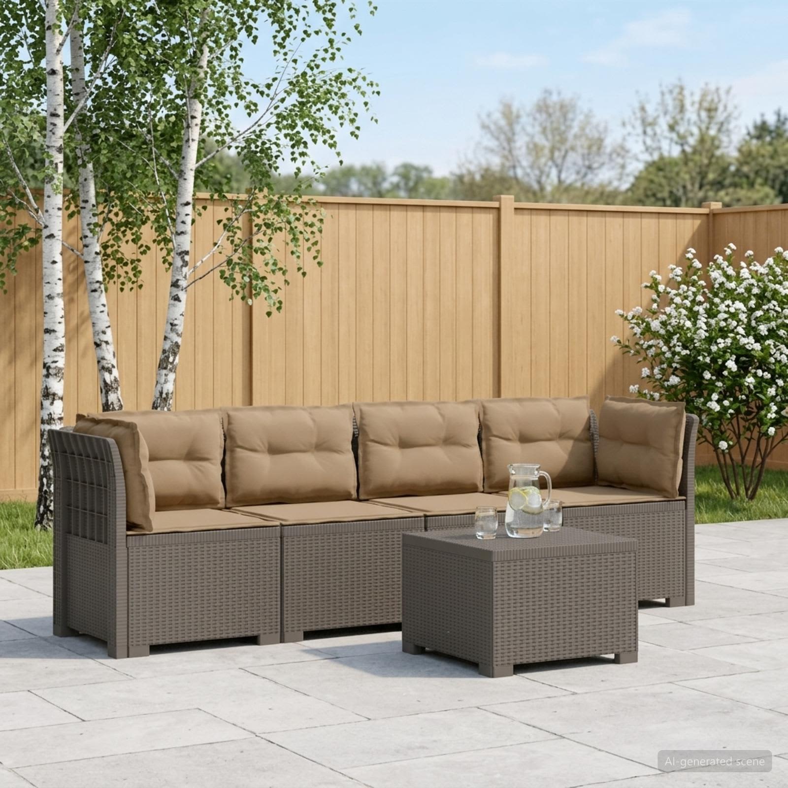 4-Sitzer Gartensofa mit Kissen Rattan Look PP Hellgrau