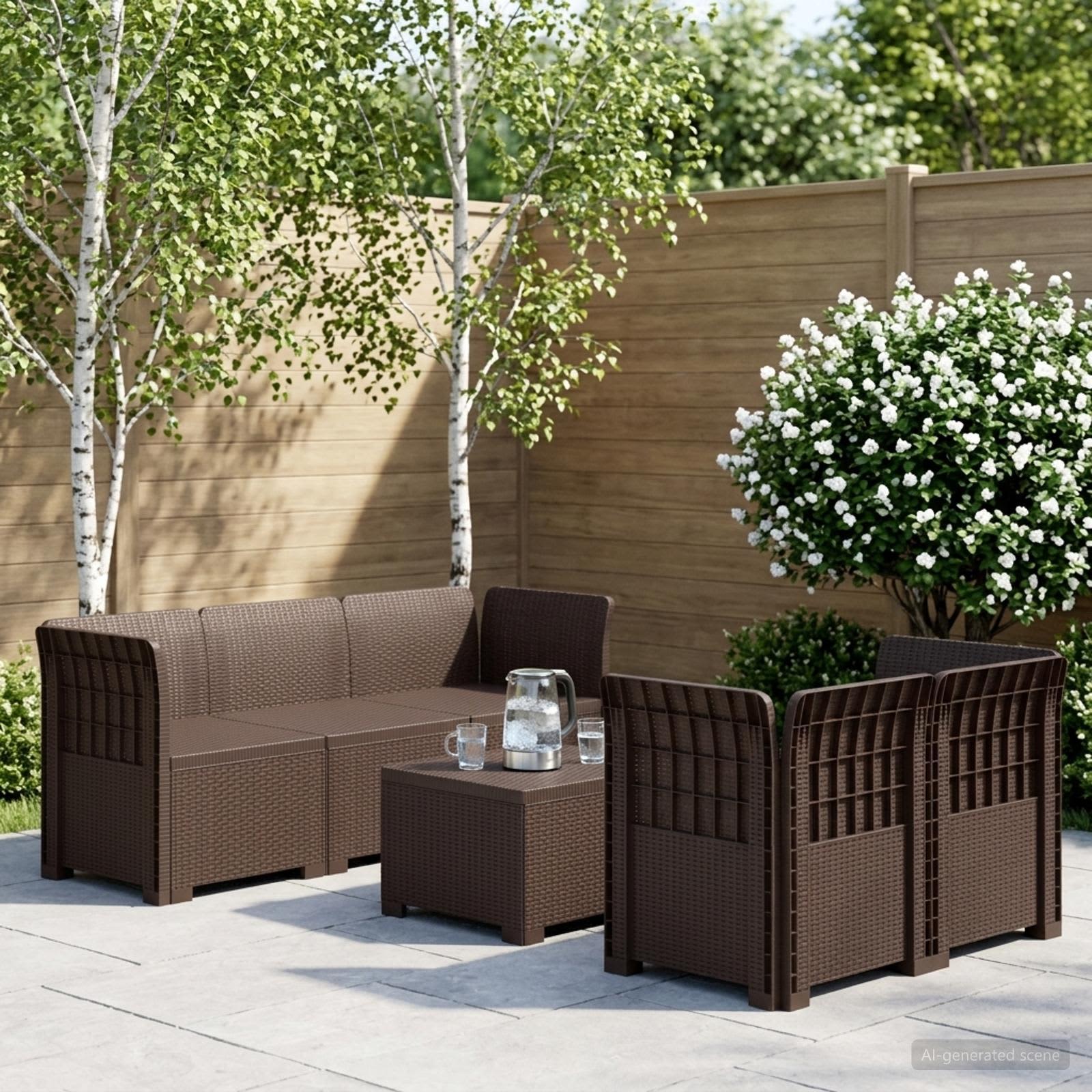 5-Sitzer Gartensofa Rattan-Look PP Braun