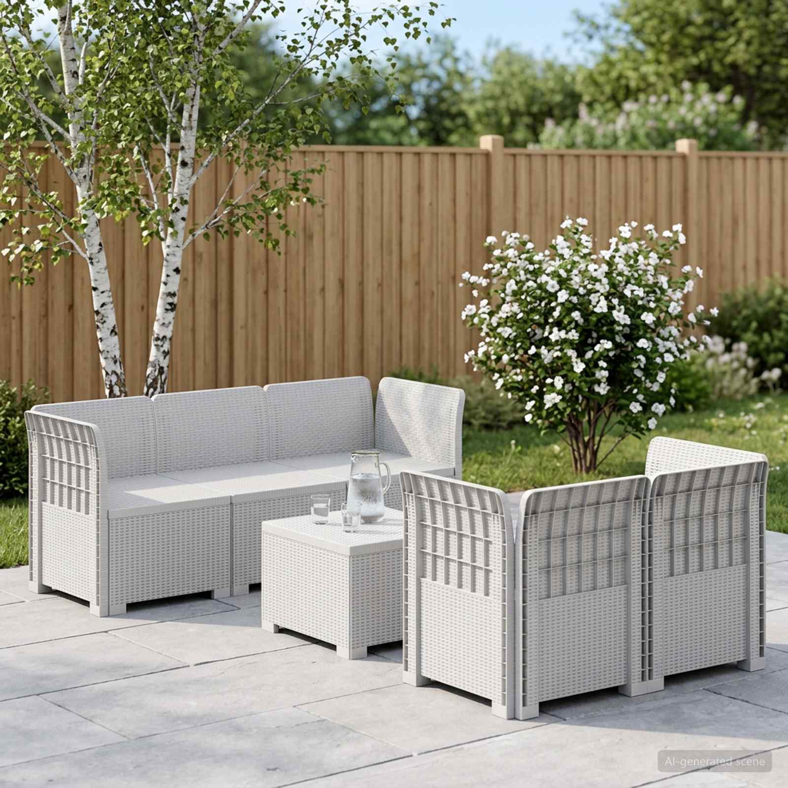 5-Sitzer Gartensofa Rattan-Look PP Weiß