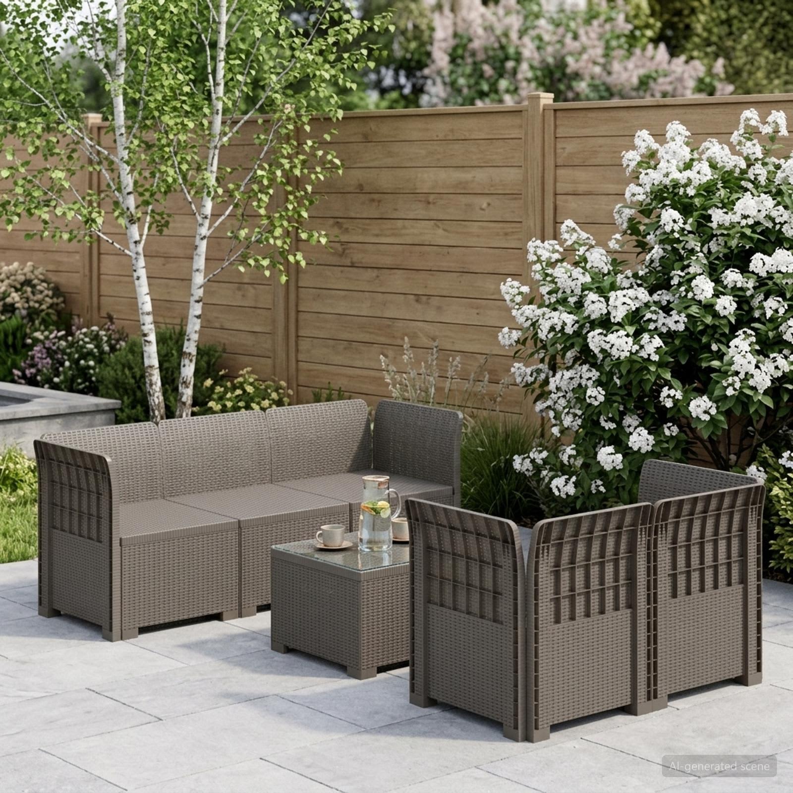 5-Sitzer Gartensofa Rattan-Look PP Hellgrau
