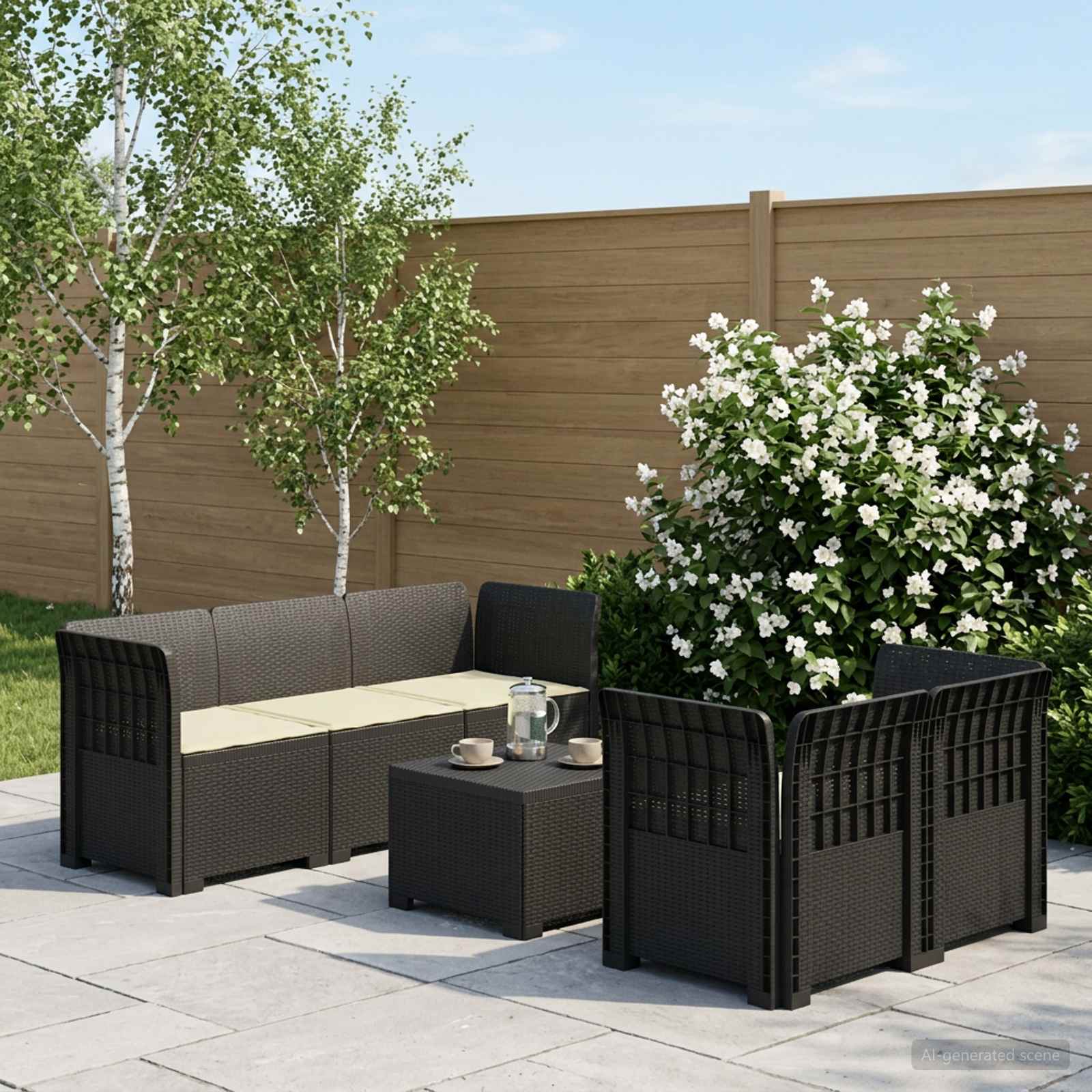 5-Sitzer Gartensofa mit Kissen Rattan-Look PP Anthrazit