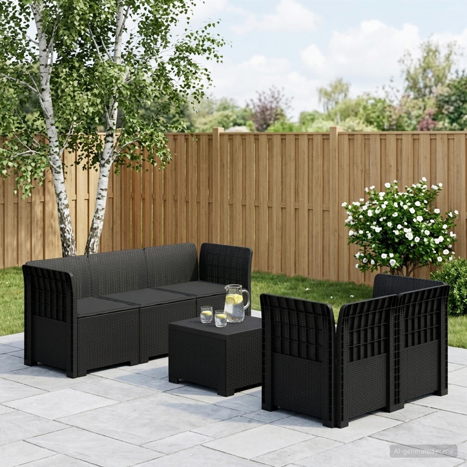 5-Sitzer Gartensofa mit Kissen Rattan-Look PP Anthrazit