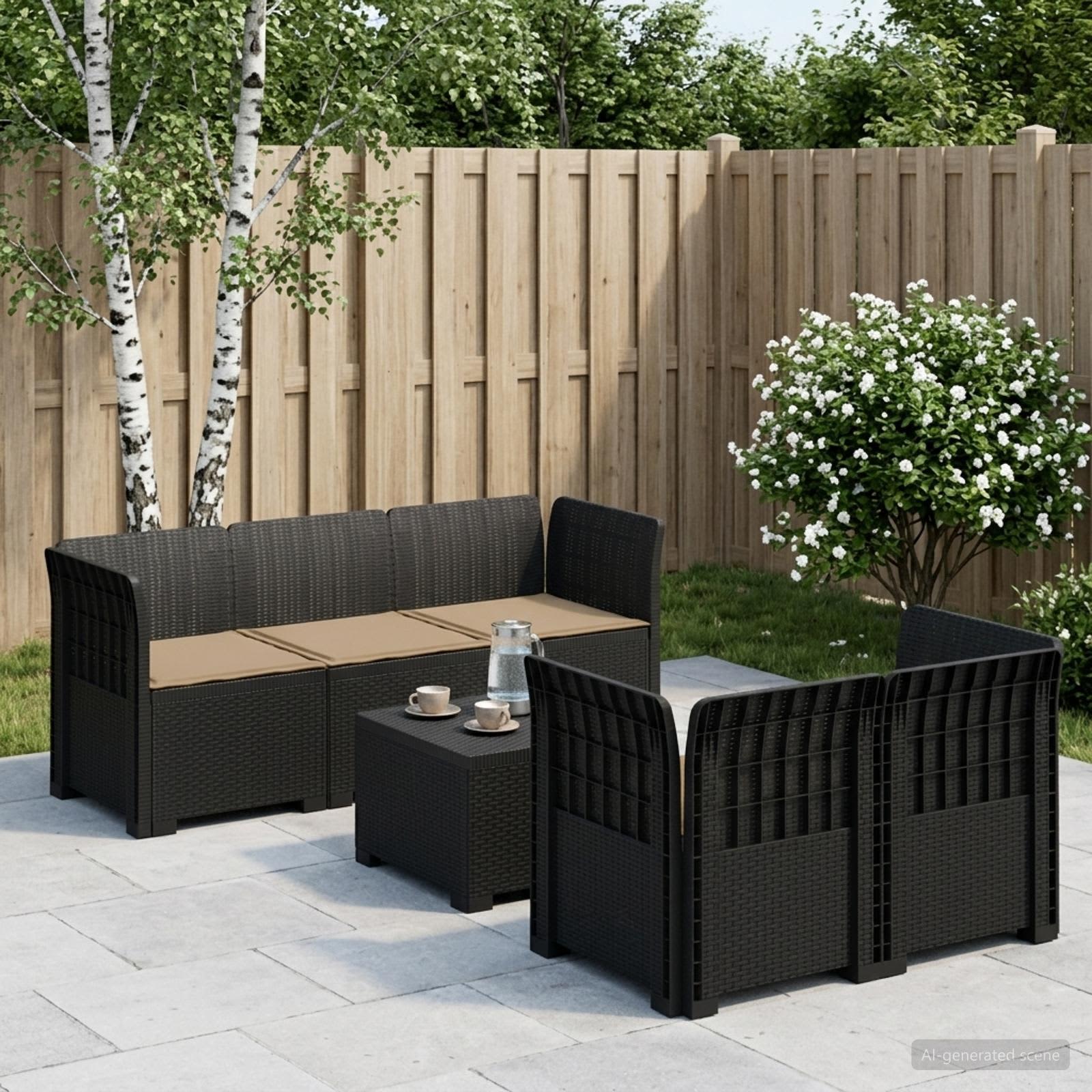 5-Sitzer Gartensofa mit Kissen Rattan-Look PP Anthrazit
