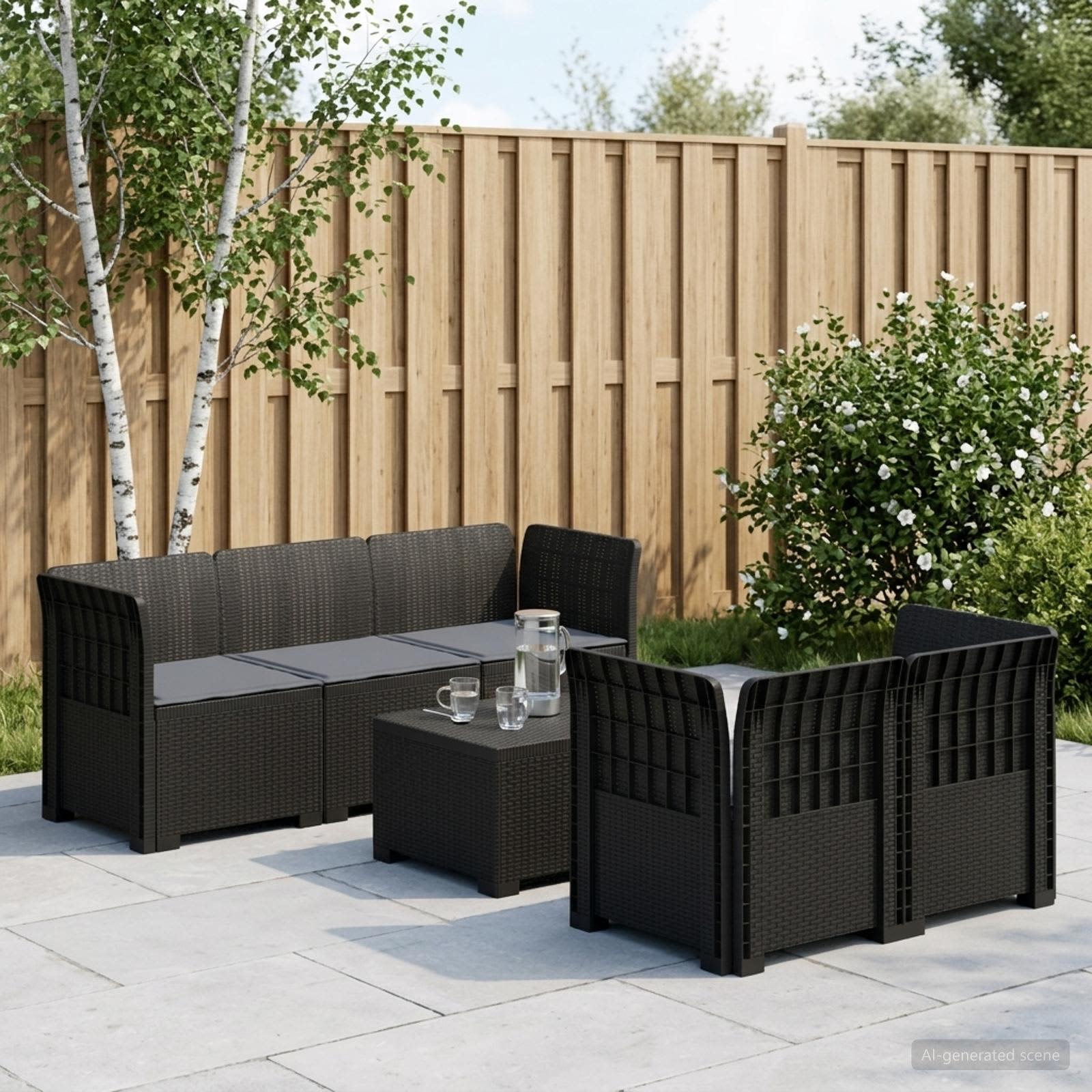 5-Sitzer Gartensofa mit Kissen Rattan-Look PP Anthrazit