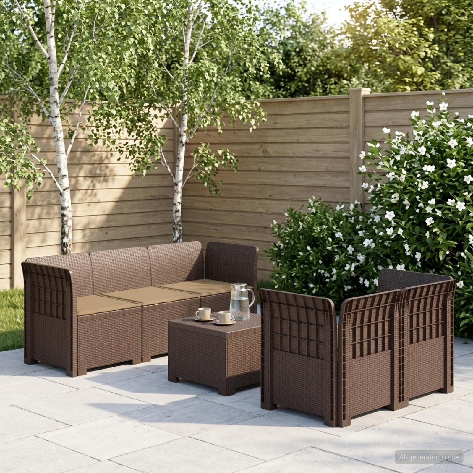 5-Sitzer Gartensofa mit Kissen Rattan-Look PP Braun