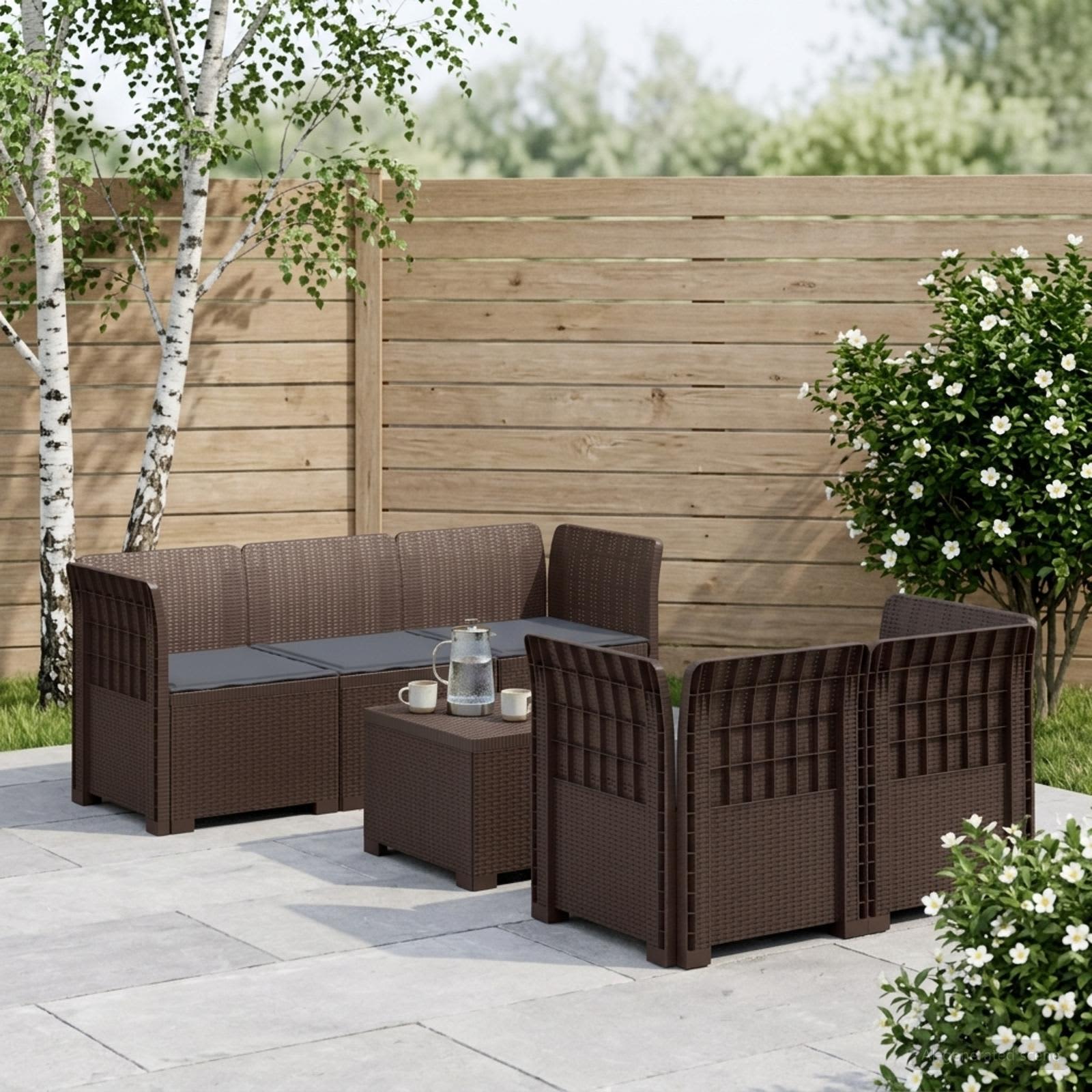 5-Sitzer Gartensofa mit Kissen Rattan-Look PP Braun