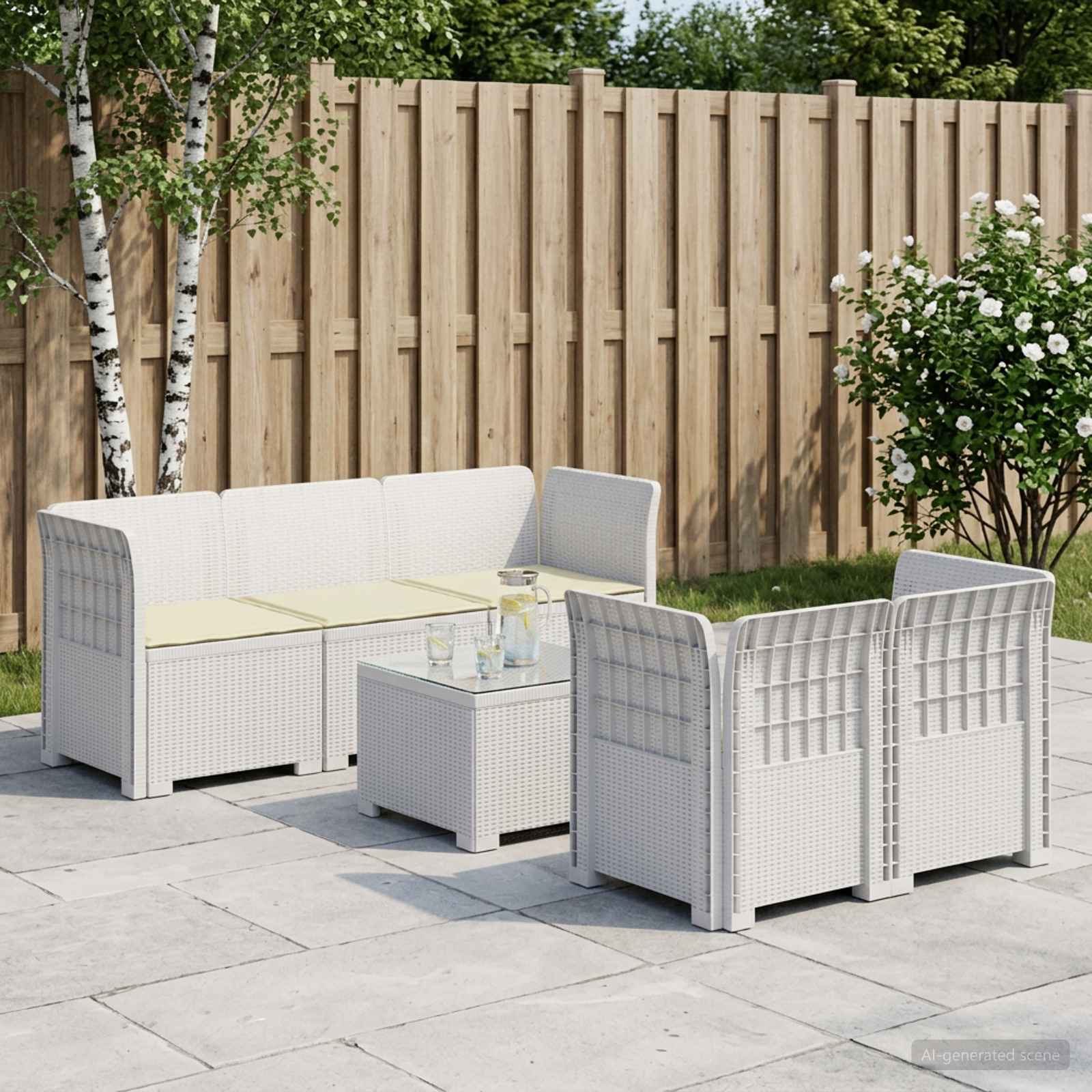 5-Sitzer Gartensofa mit Kissen Rattan-Look PP Weiß