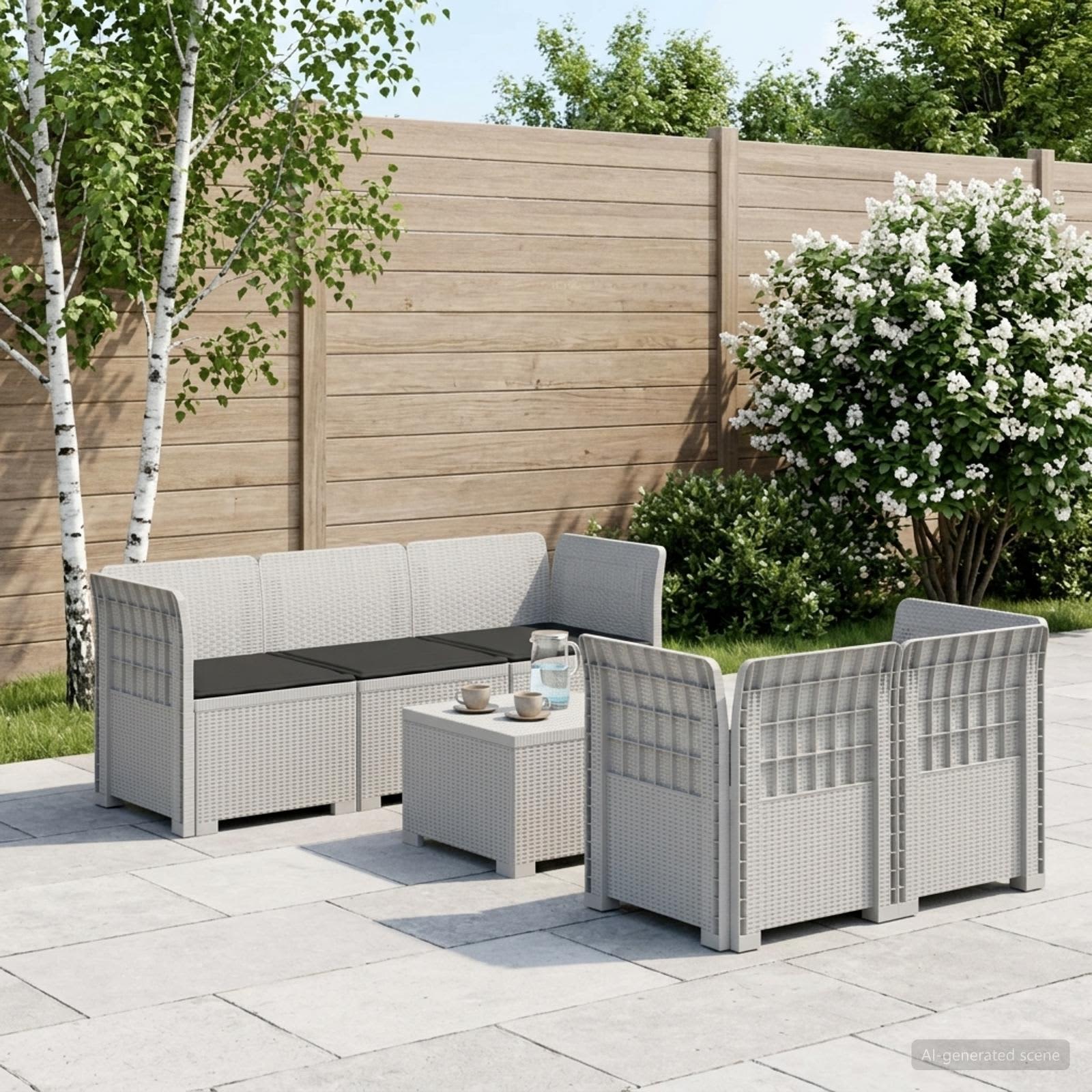 5-Sitzer Gartensofa mit Kissen Rattan-Look PP Weiß