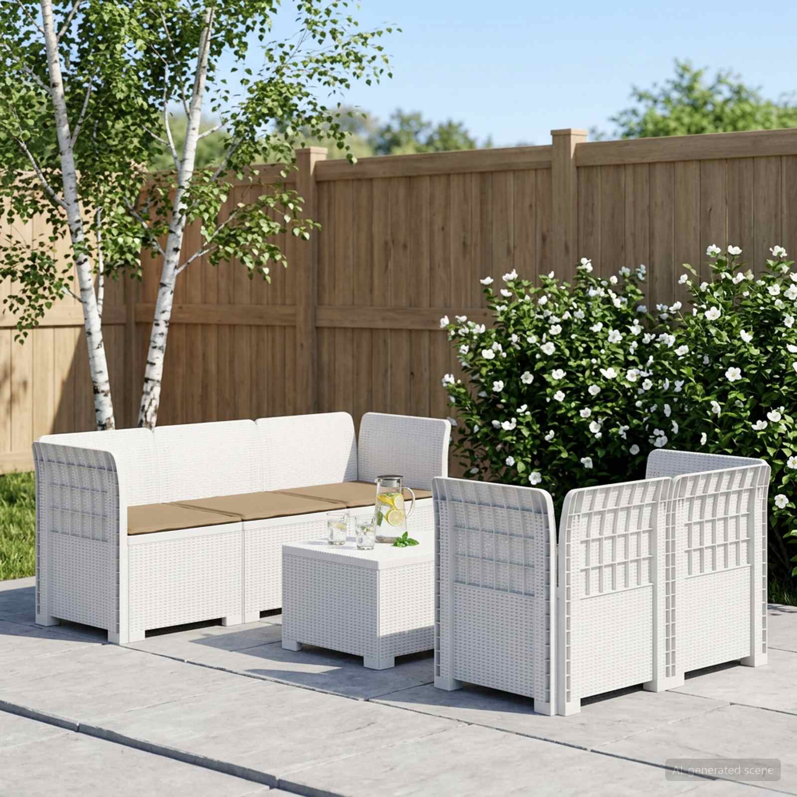 5-Sitzer Gartensofa mit Kissen Rattan-Look PP Weiß