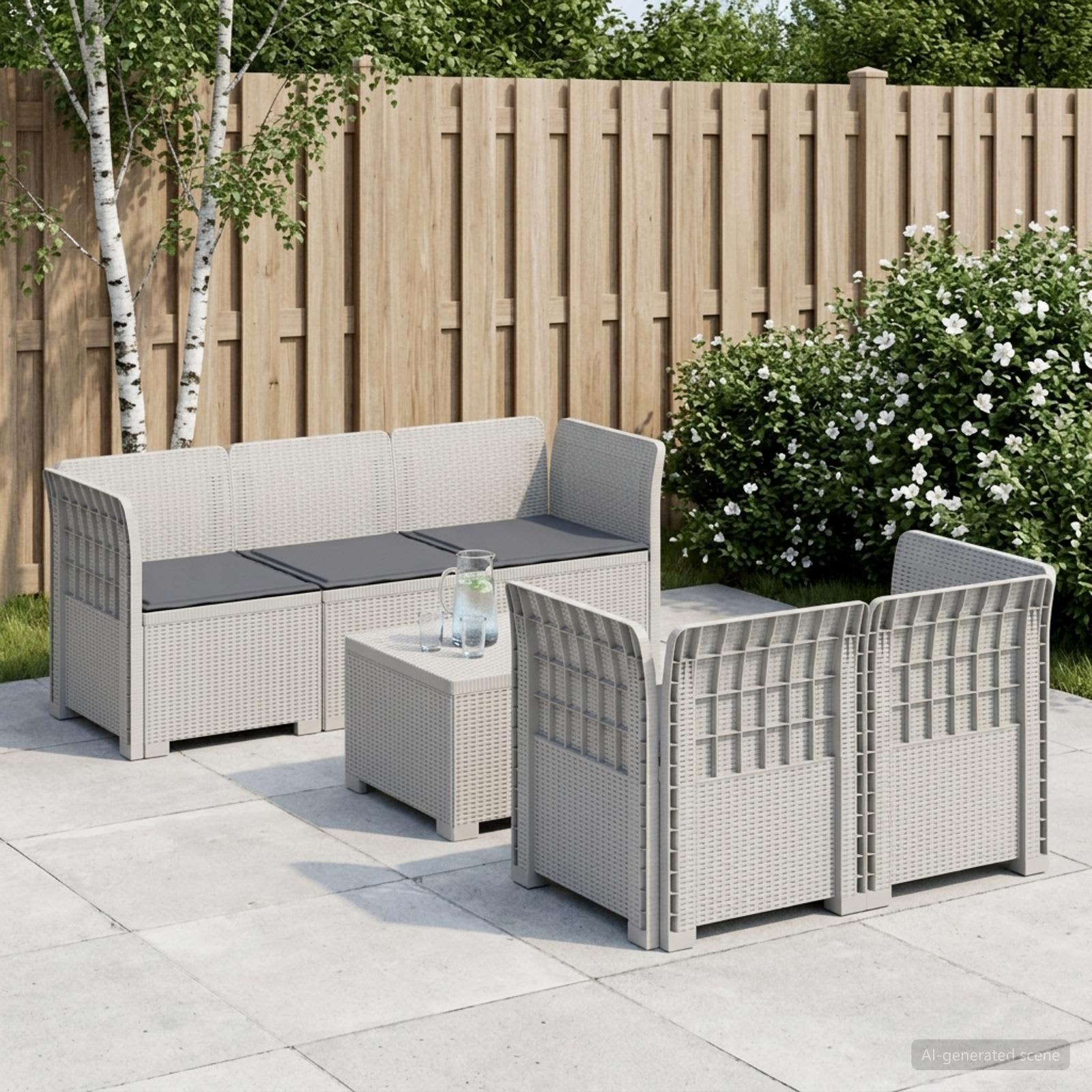 5-Sitzer Gartensofa mit Kissen Rattan-Look PP Weiß