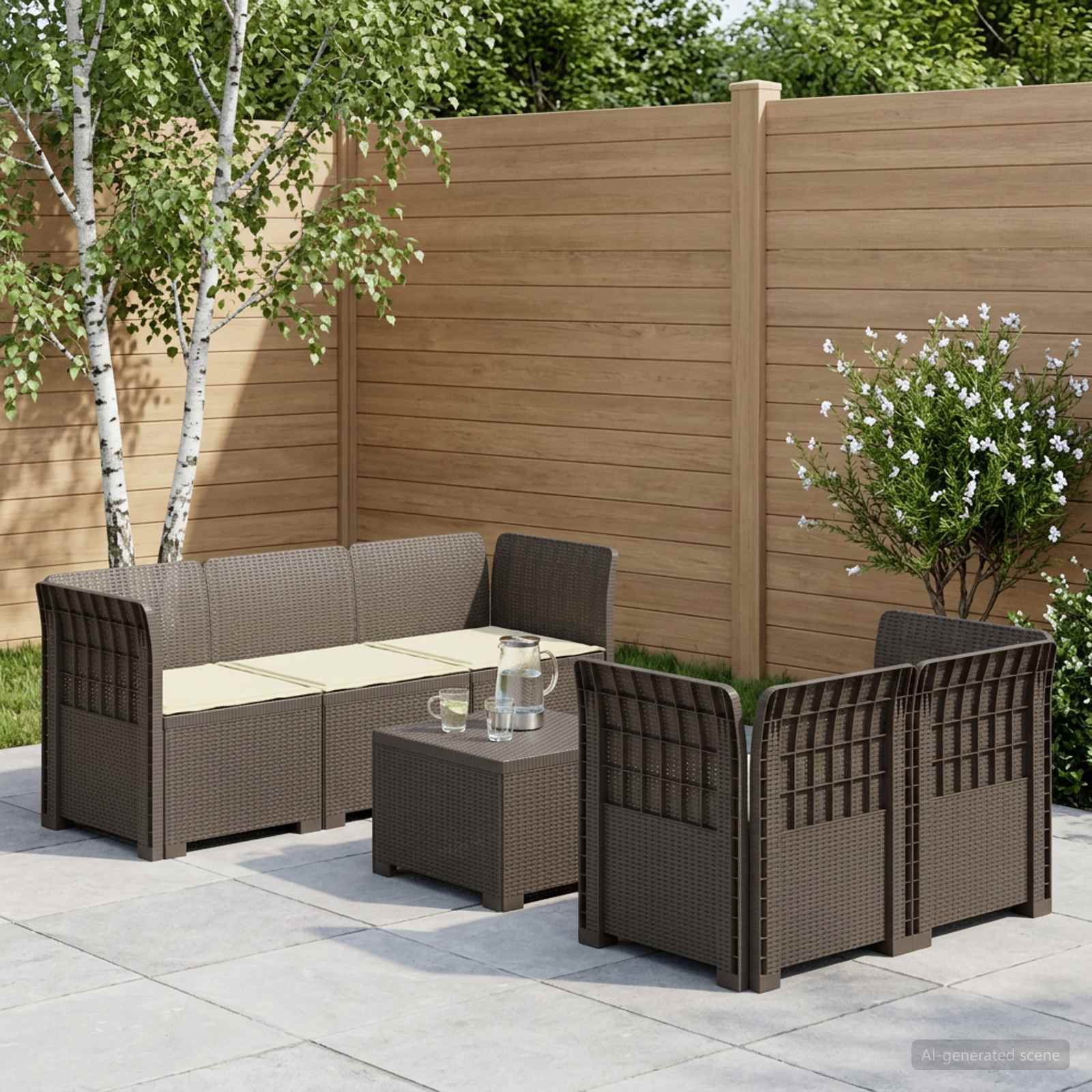 5-Sitzer Gartensofa mit Kissen Rattan-Look PP Hellgrau