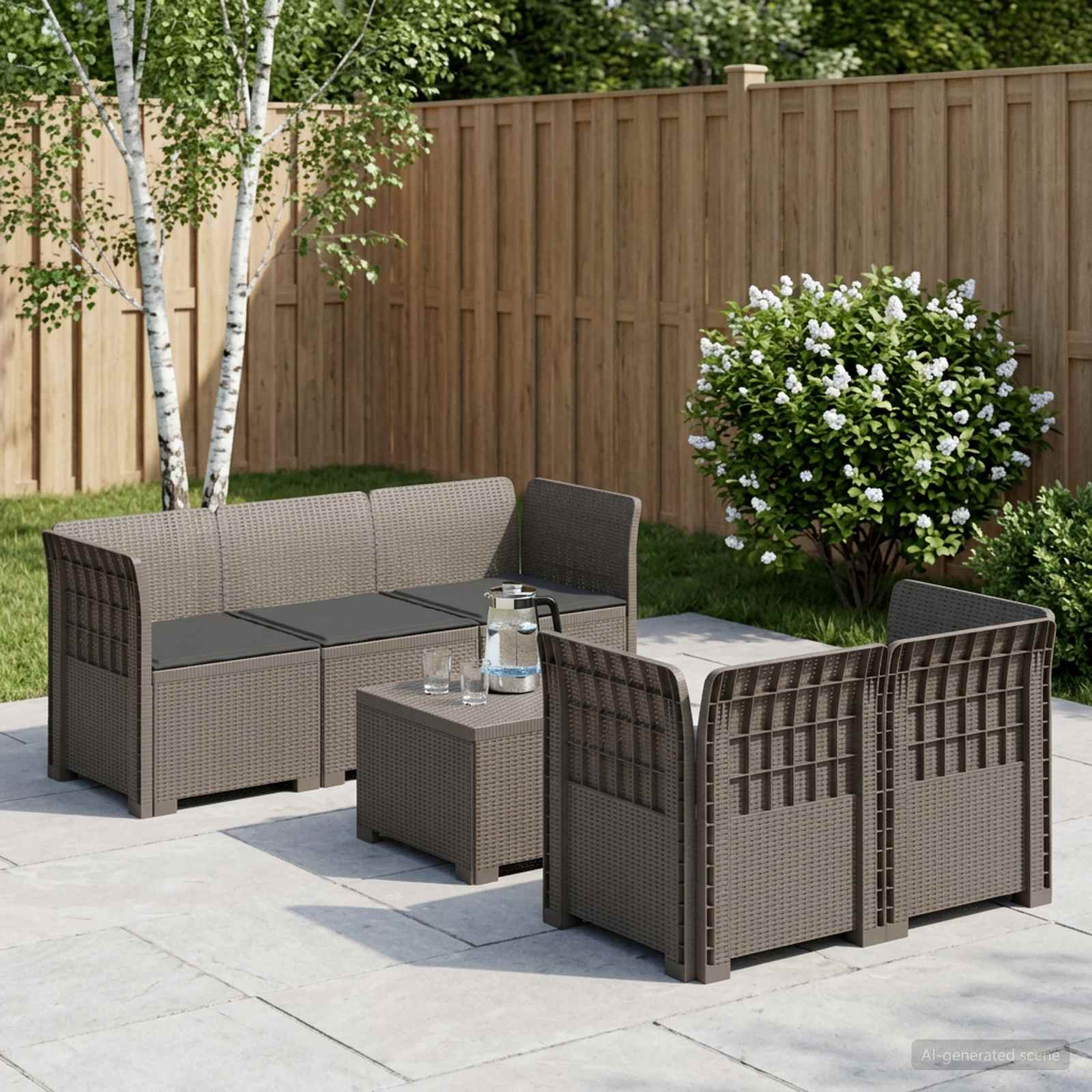 5-Sitzer Gartensofa mit Kissen Rattan-Look PP Hellgrau