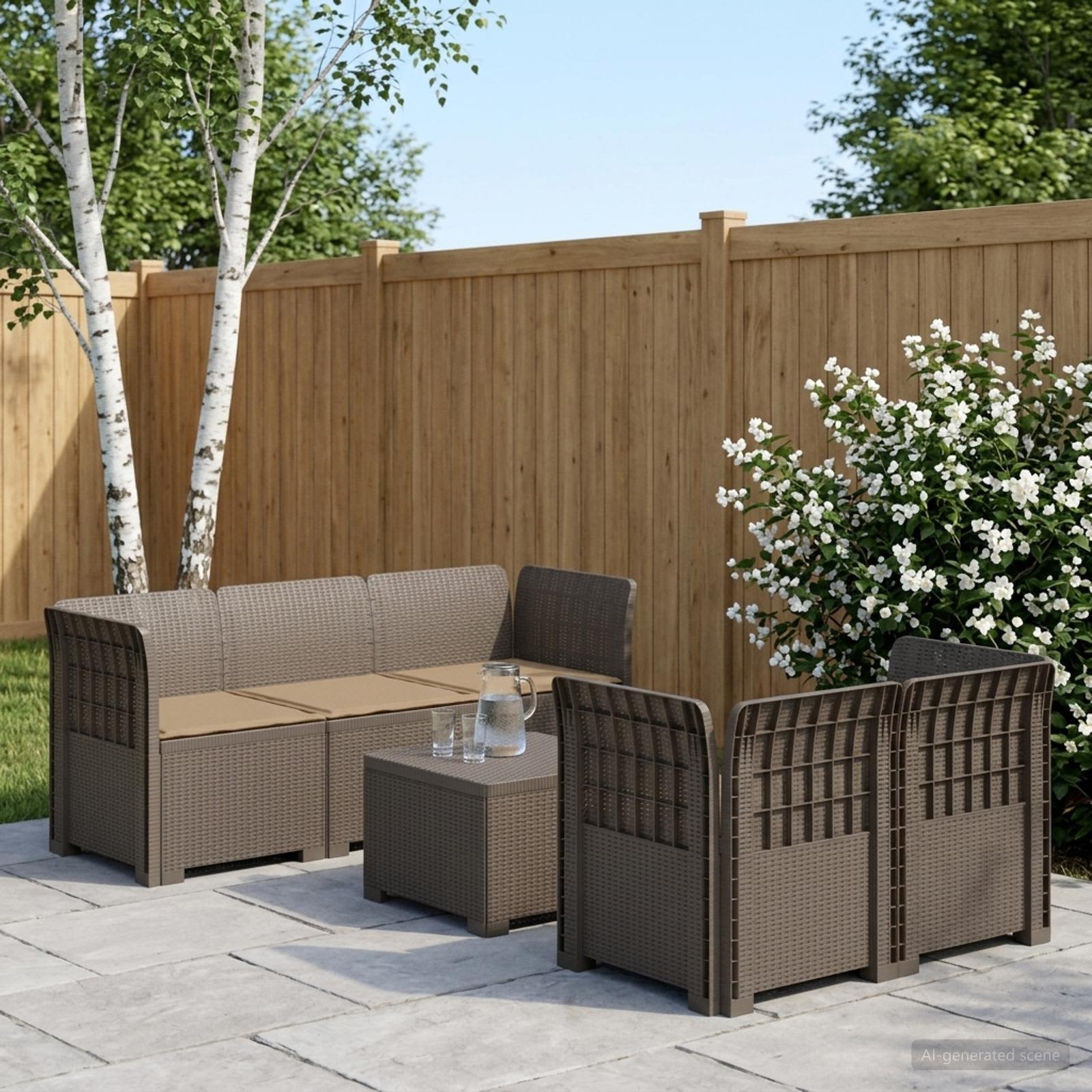 5-Sitzer Gartensofa mit Kissen Rattan-Look PP Hellgrau