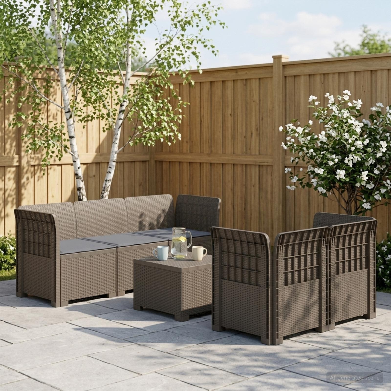 5-Sitzer Gartensofa mit Kissen Rattan-Look PP Hellgrau