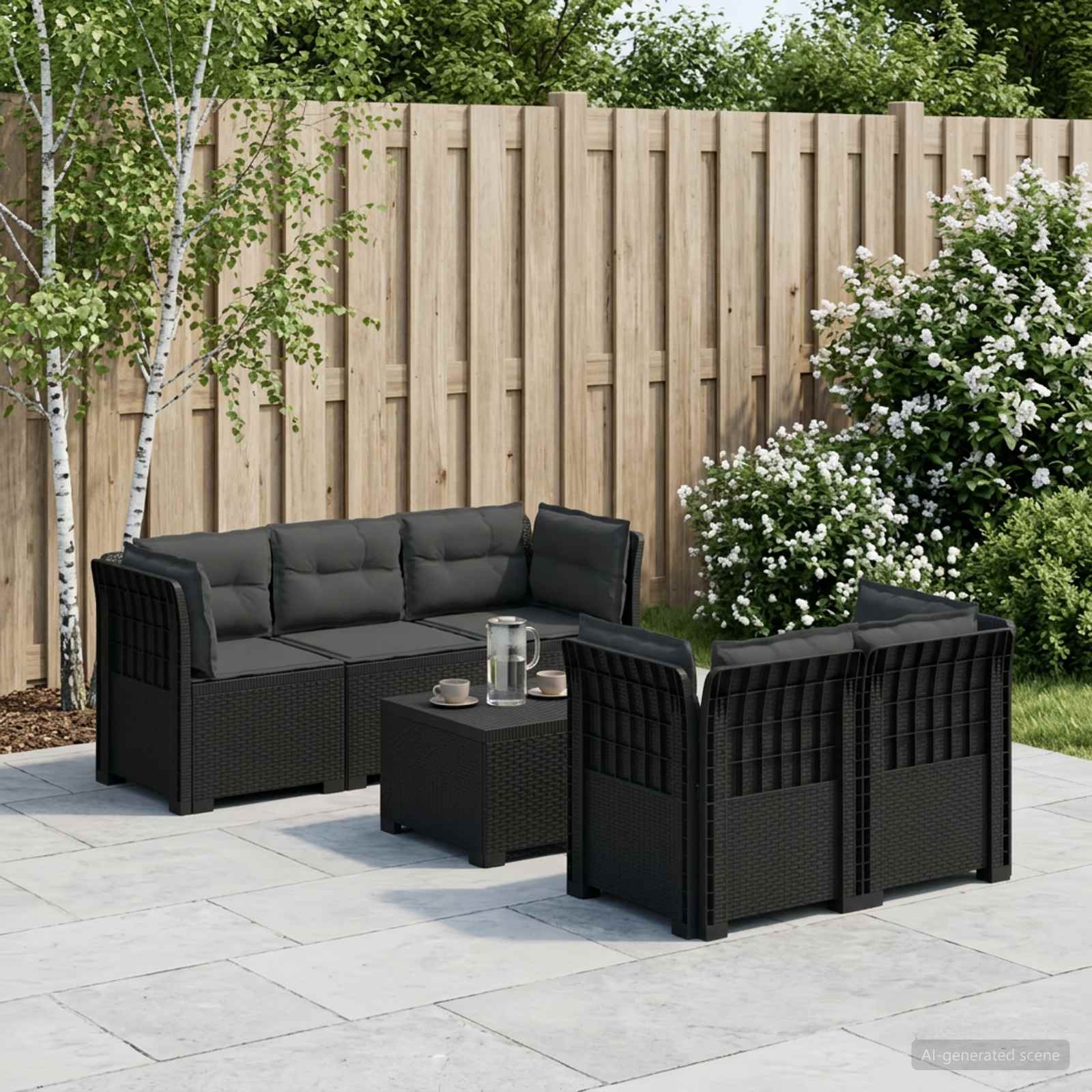 5-Sitzer Gartensofa mit Kissen Rattan-Look PP Anthrazit