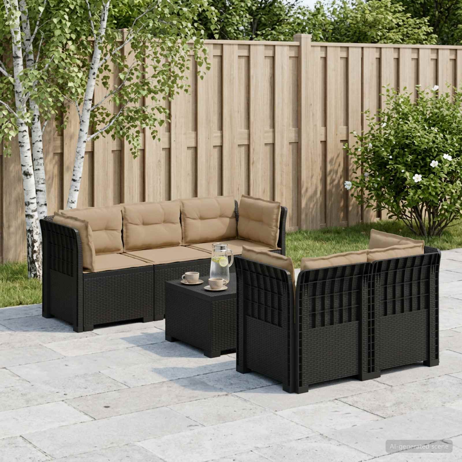 5-Sitzer Gartensofa mit Kissen Rattan-Look PP Anthrazit