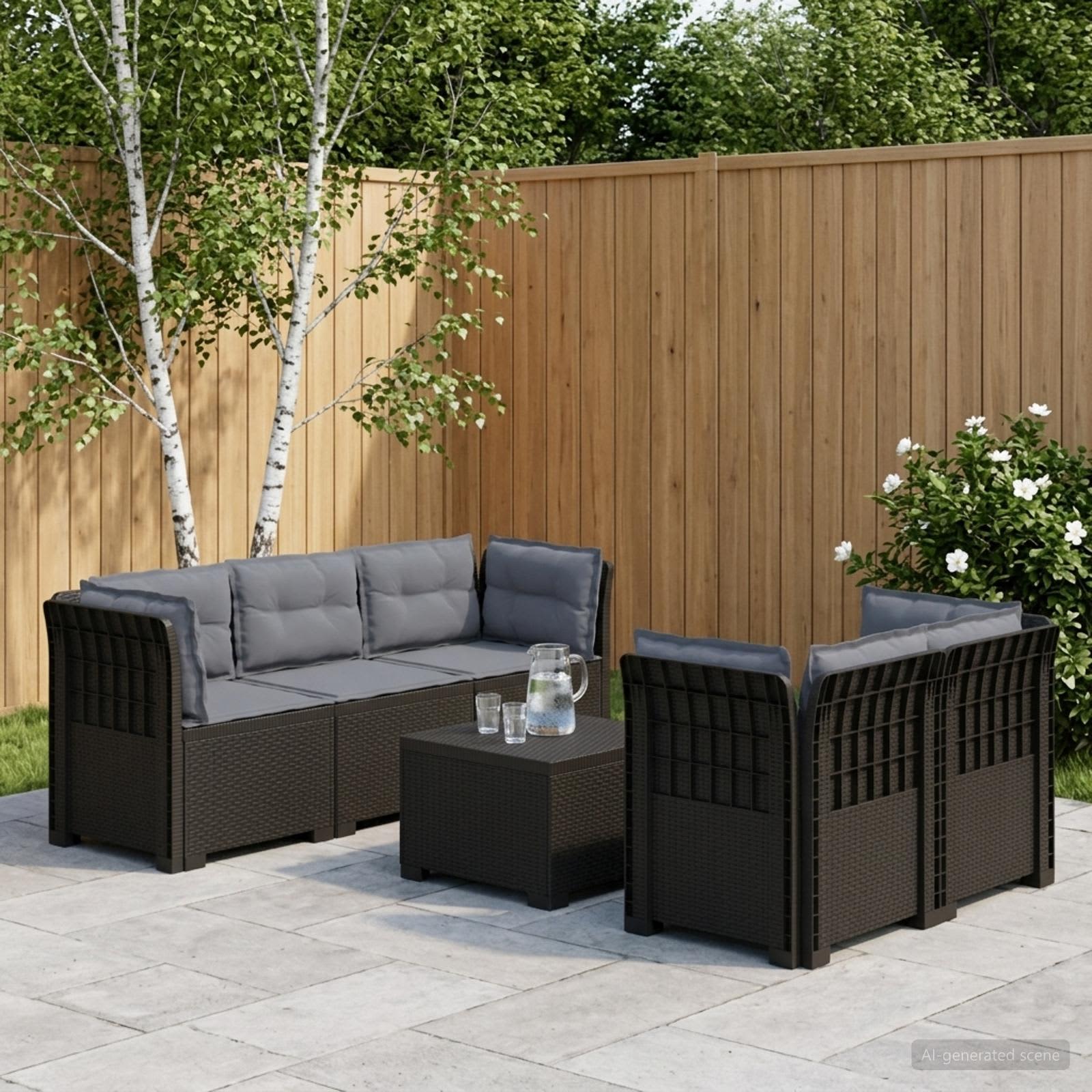 5-Sitzer Gartensofa mit Kissen Rattan-Look PP Anthrazit