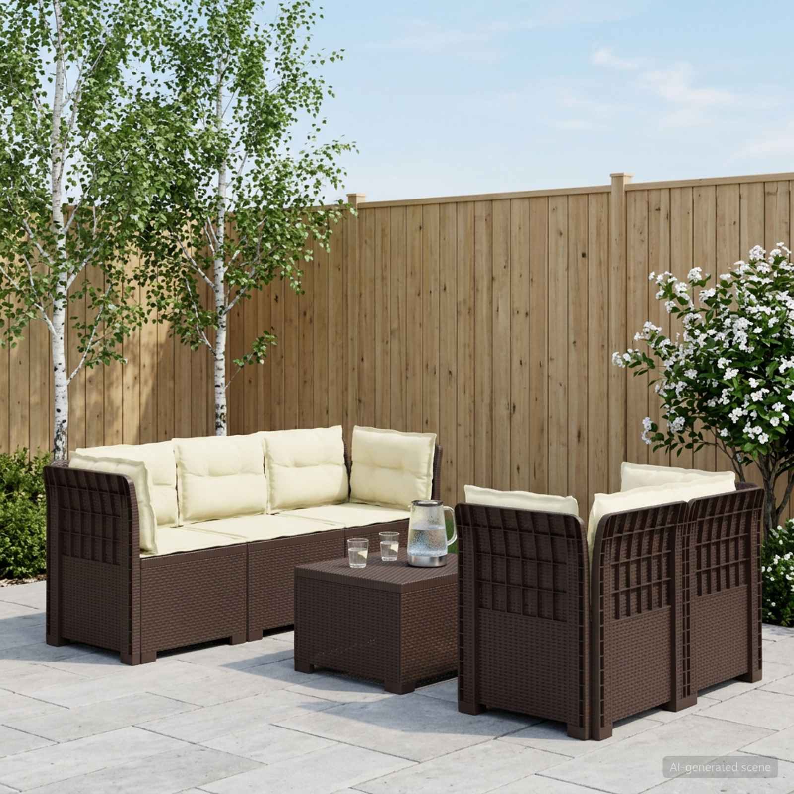 5-Sitzer Gartensofa mit Kissen Rattan-Look PP Braun