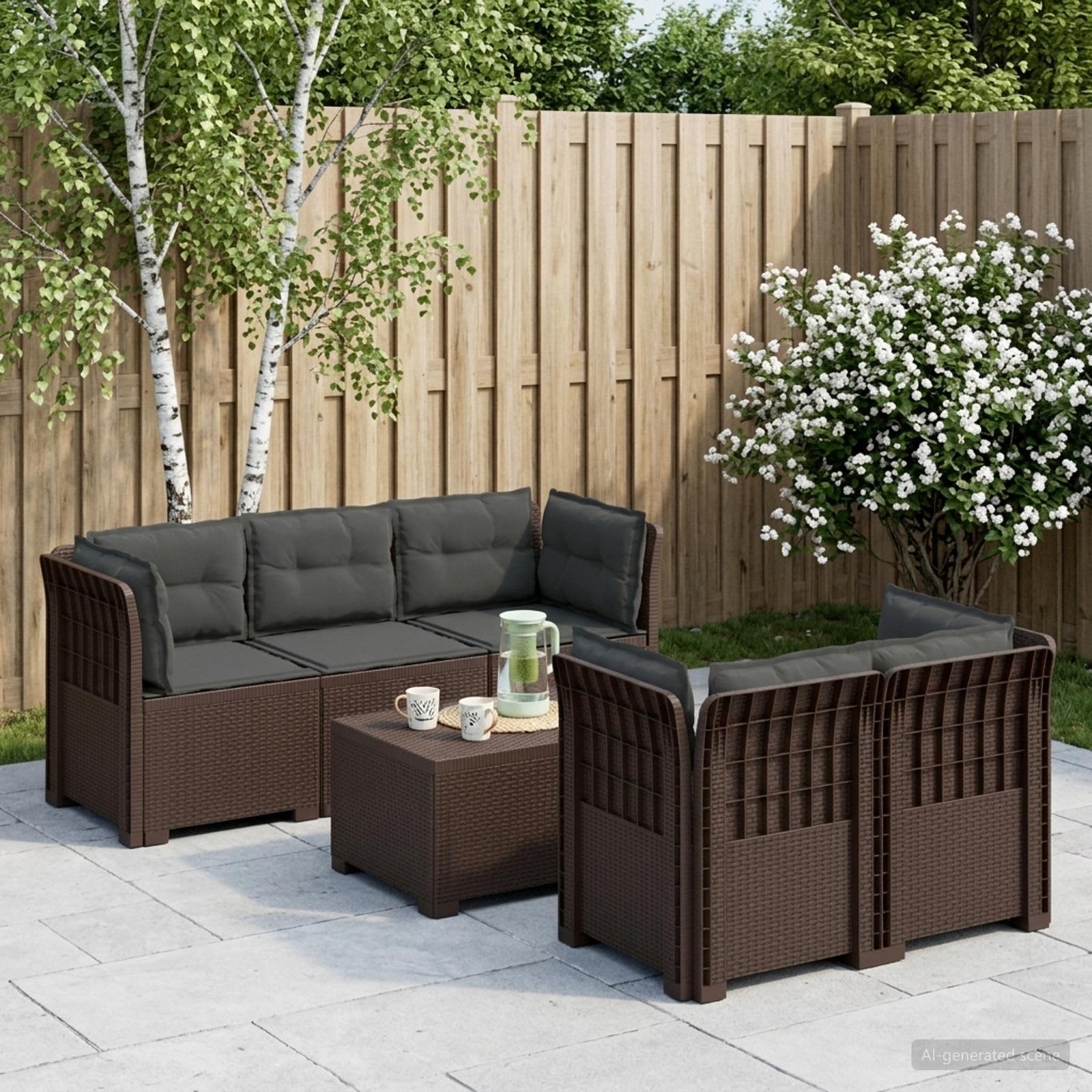 5-Sitzer Gartensofa mit Kissen Rattan-Look PP Braun